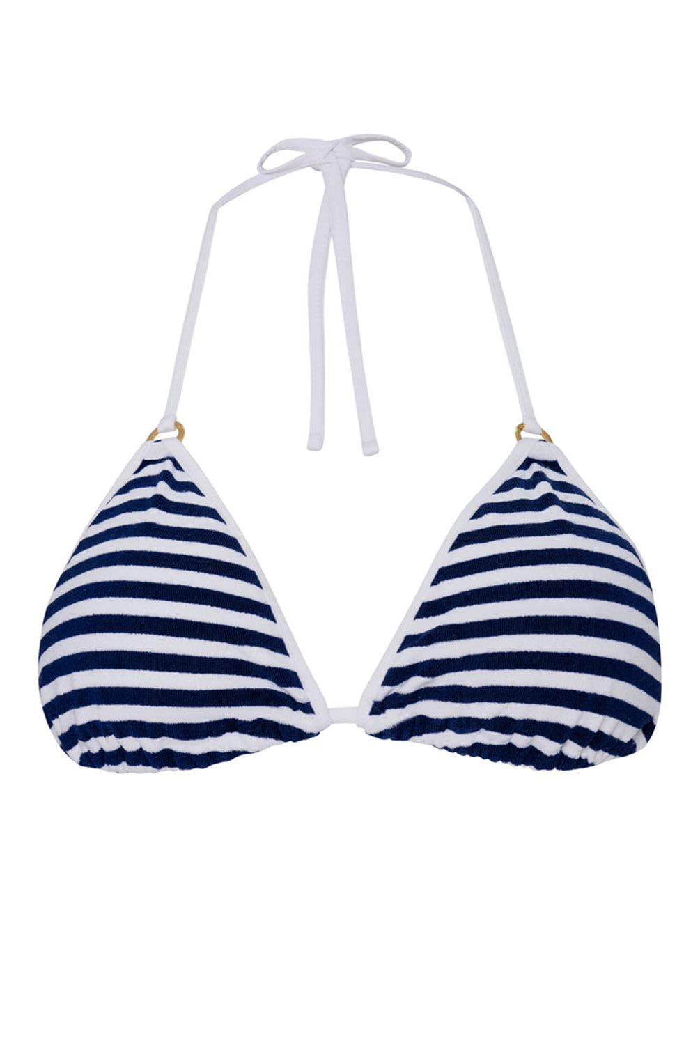 A blue and white triangle bikini top against a white wall.