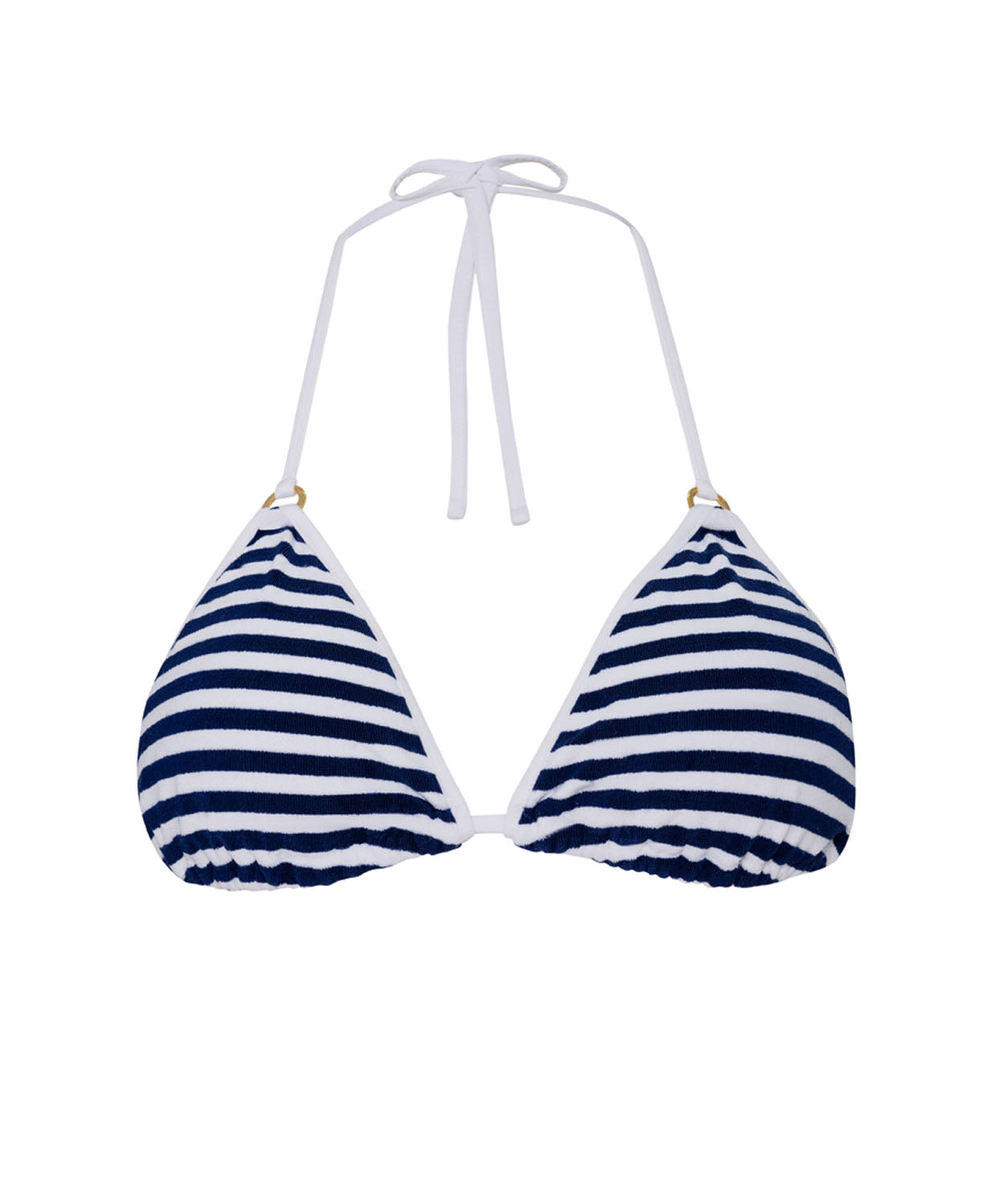 A blue and white triangle bikini top against a white wall.
