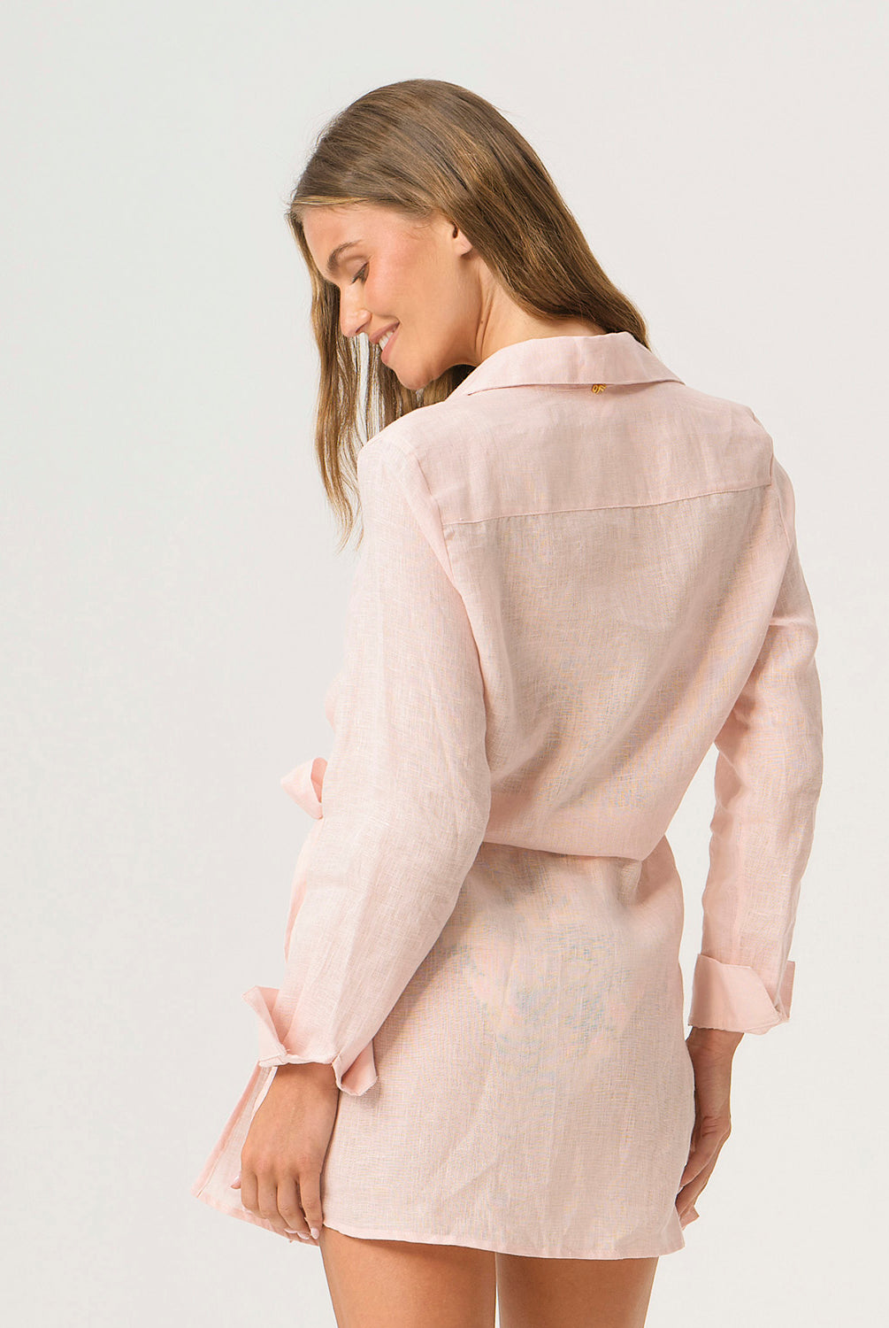 Pitaya Lily Cover Up pastel pink linen cover up with collar, side tie, and airy beach-ready fit