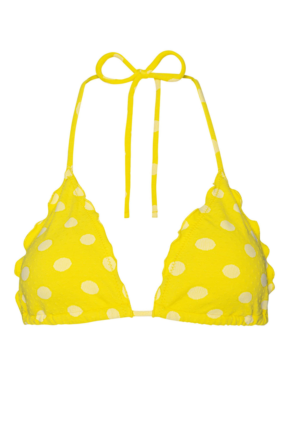 Yellow bikini top with white polka dots on a white background