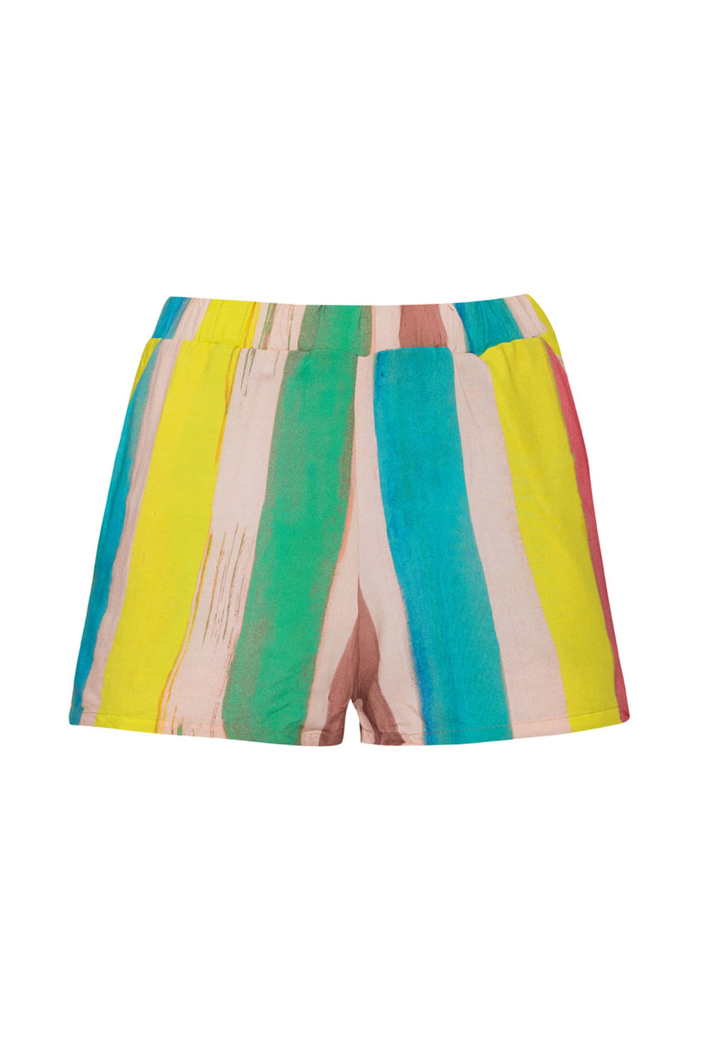 A pair of color block shorts against a white wall.