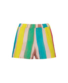 A pair of color block shorts against a white wall.