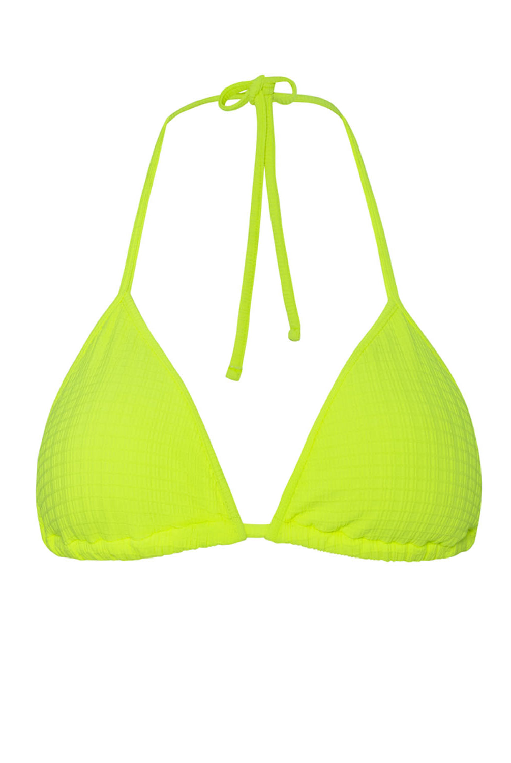 A green triangle top bikini against a white wall.