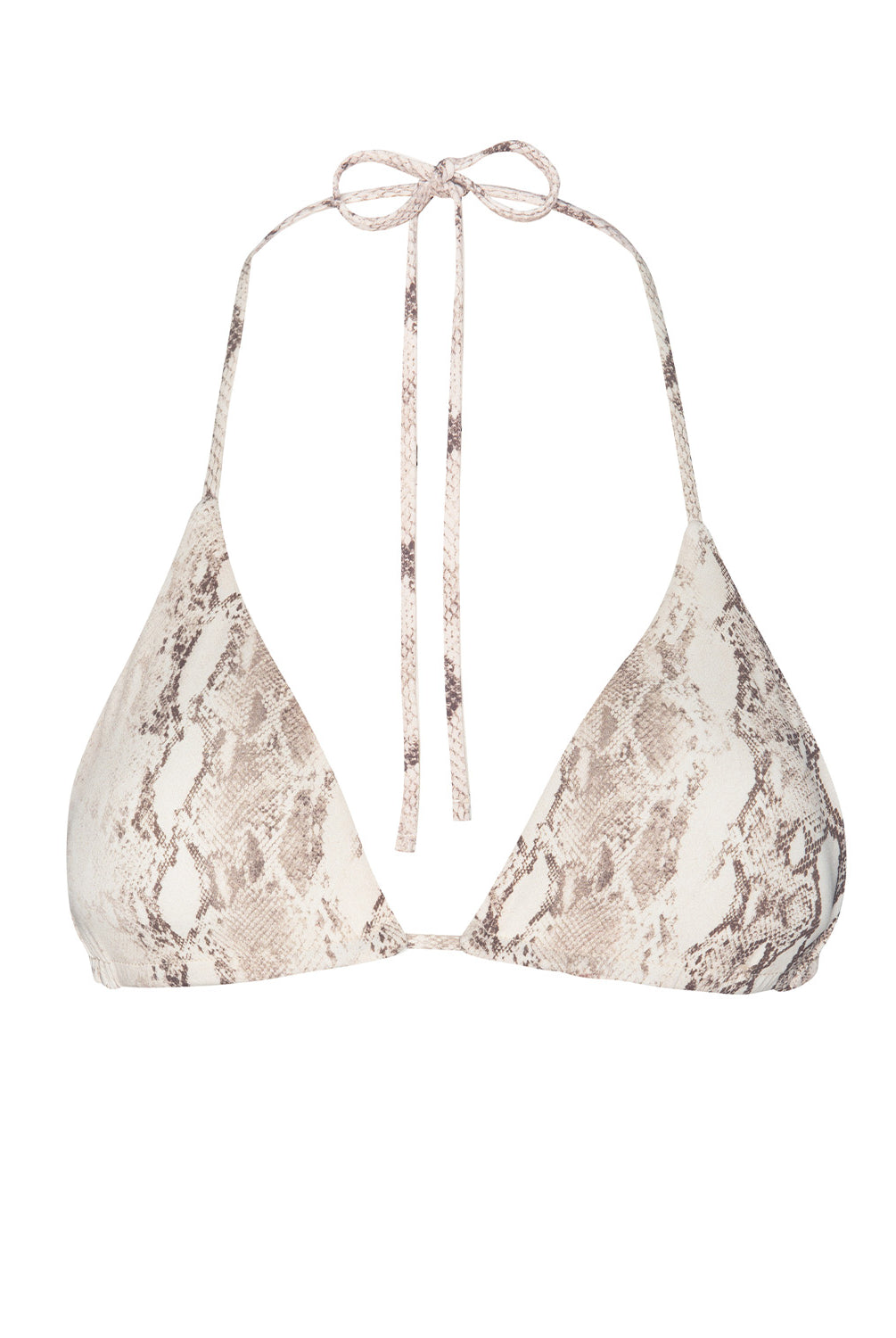 A snake print triangle bikini top against a white wall.