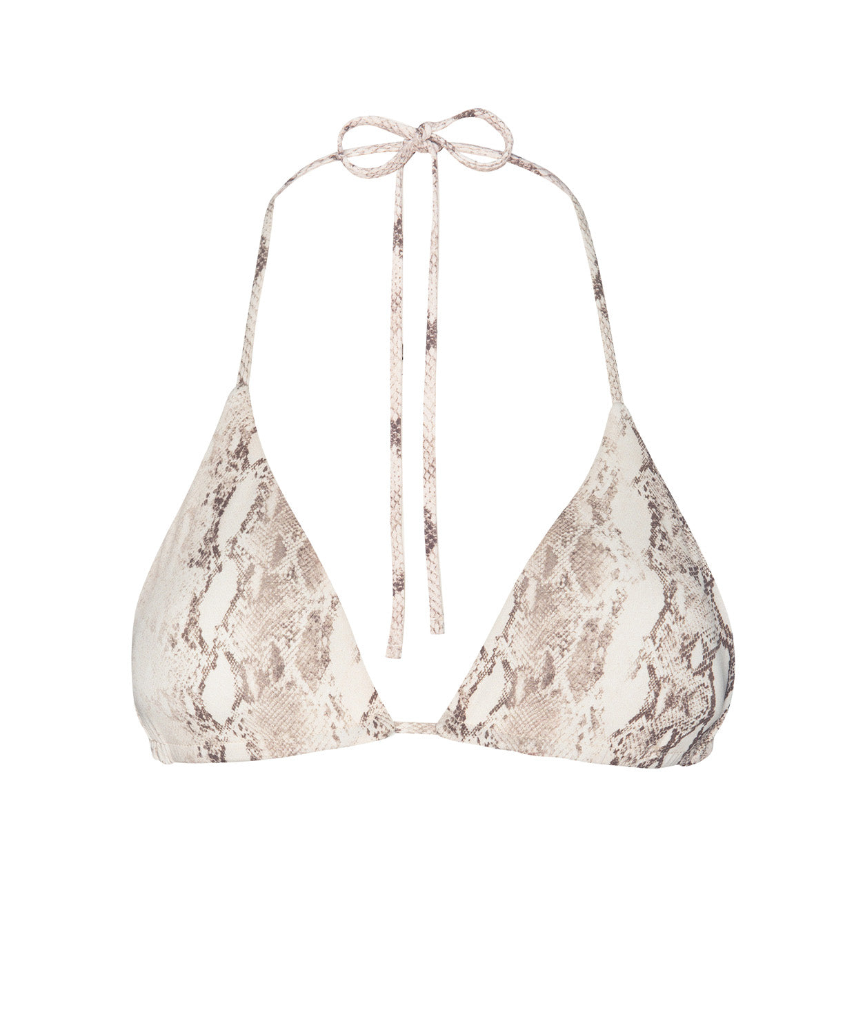 A snake print triangle bikini top against a white wall.