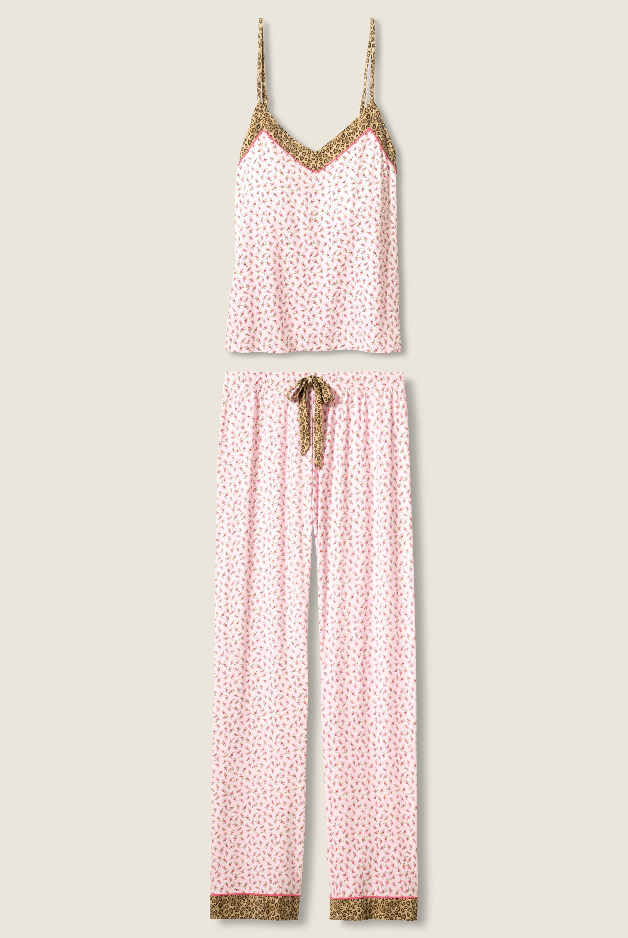 Ditsy Floral PJ Set featuring a silky cami top and wide-leg pants with pink florals and leopard-print trim.
