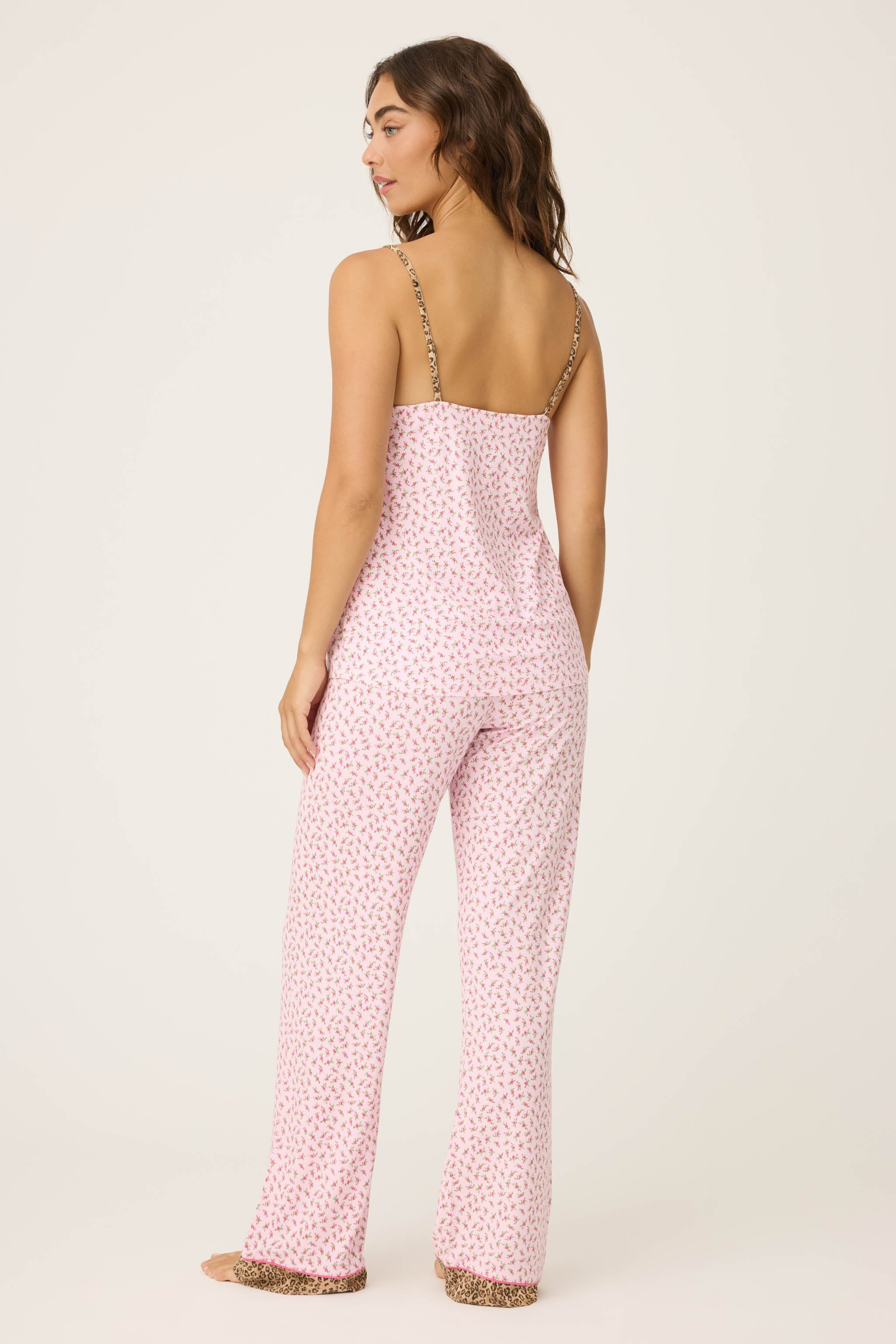 Ditsy Floral PJ Set featuring a silky cami top and wide-leg pants with pink florals and leopard-print trim.