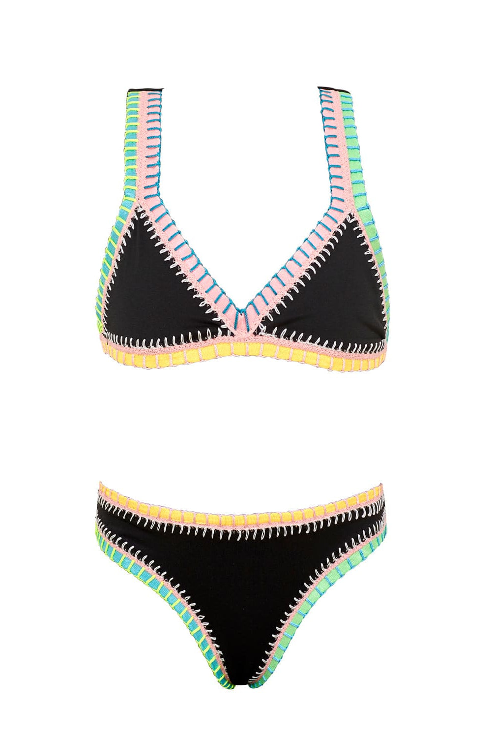 A black bikini with colorful embroidery against a white wall.