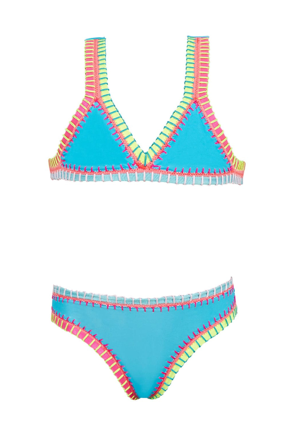 A turquoise kids bikini with colorful embroidery against a white wall.