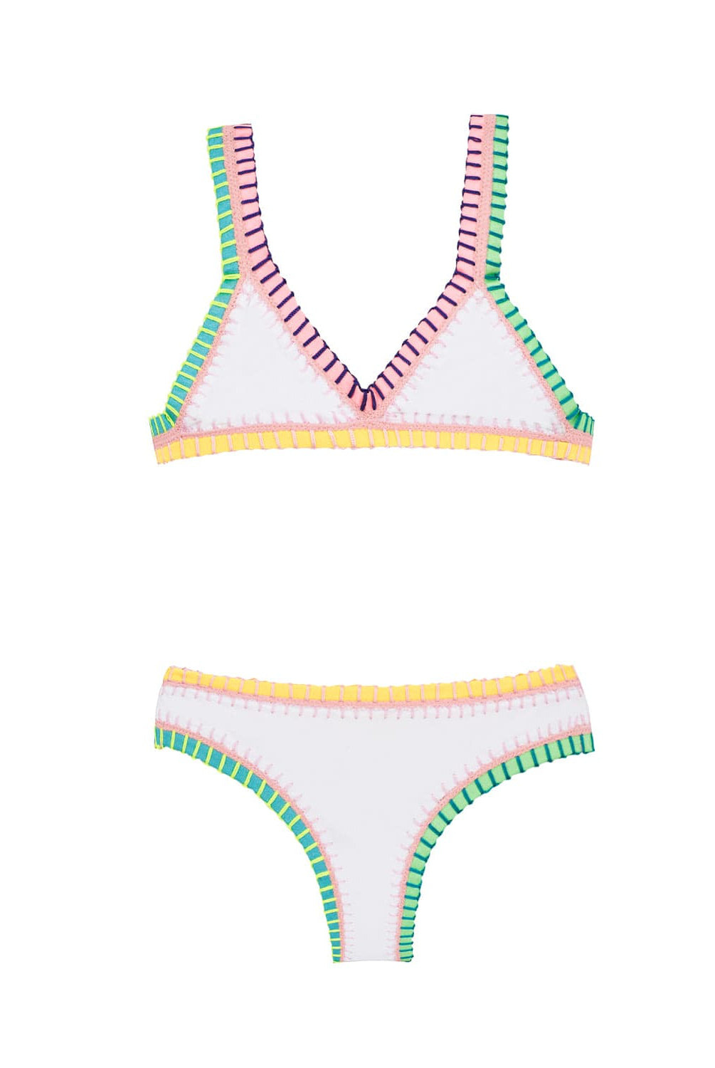 A white kids bikini with colorful embroidered trim against a white wall.