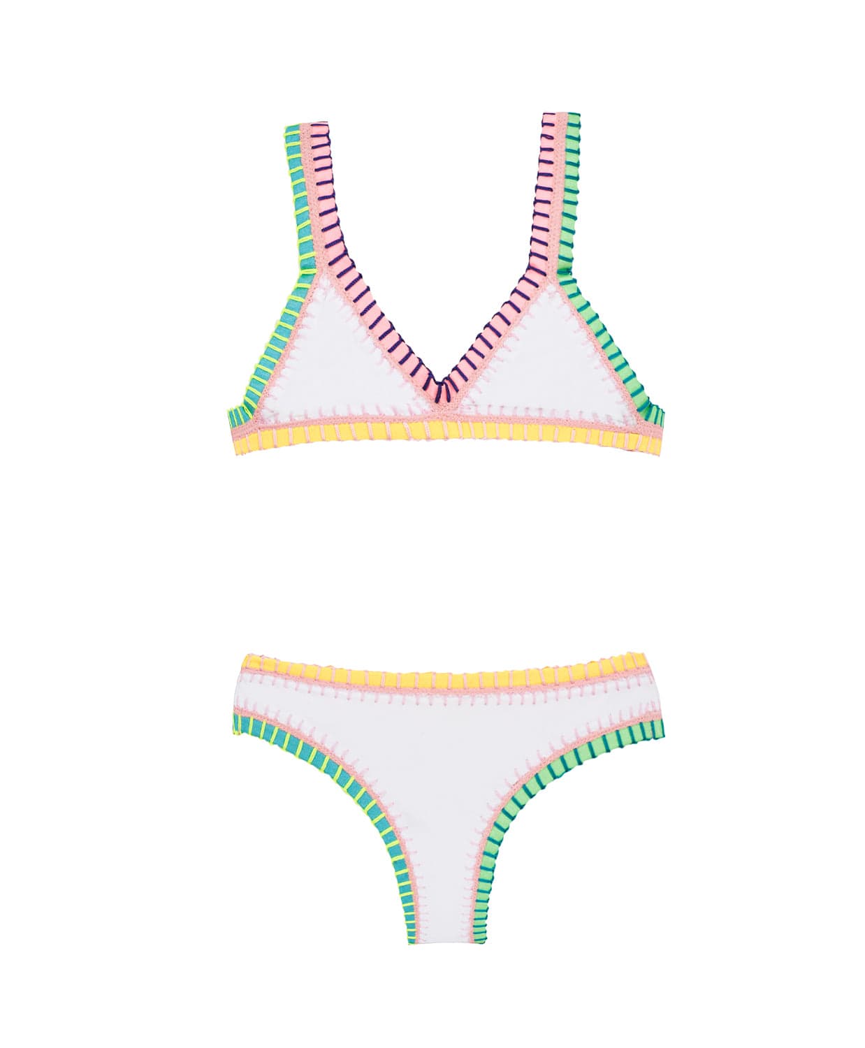 A white kids bikini with colorful embroidered trim against a white wall.