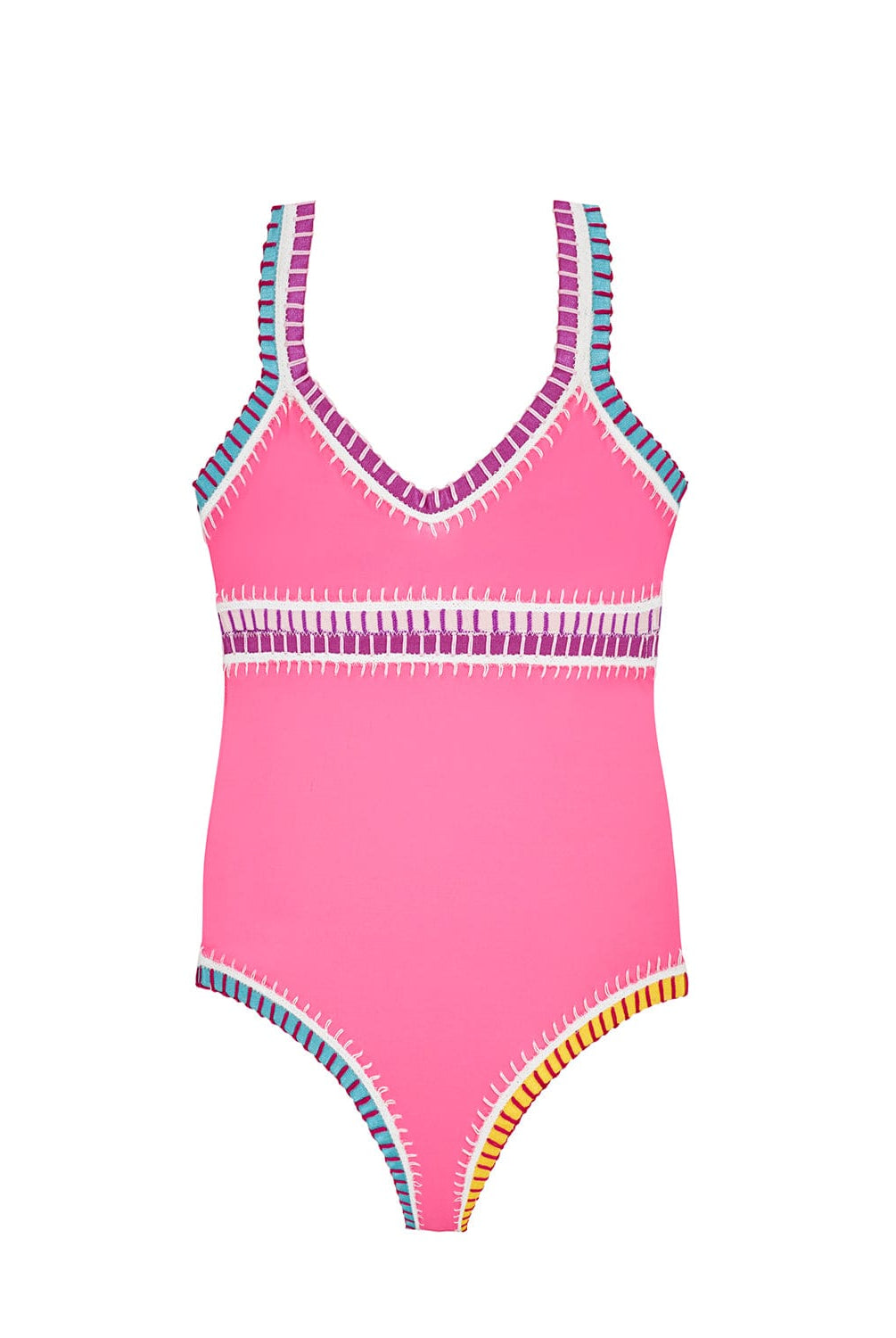 A hot pink kids one piece swimsuit with colorful embroidery against a white wall.