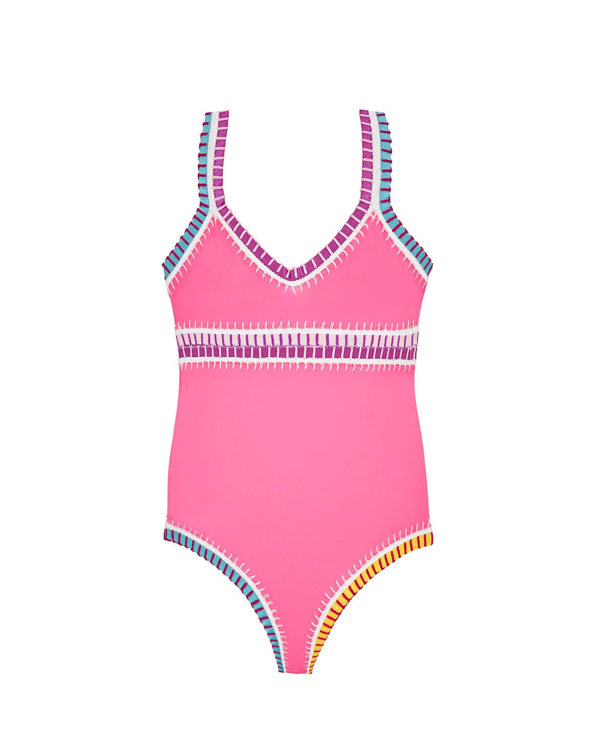 A hot pink kids one piece swimsuit with colorful embroidery against a white wall.