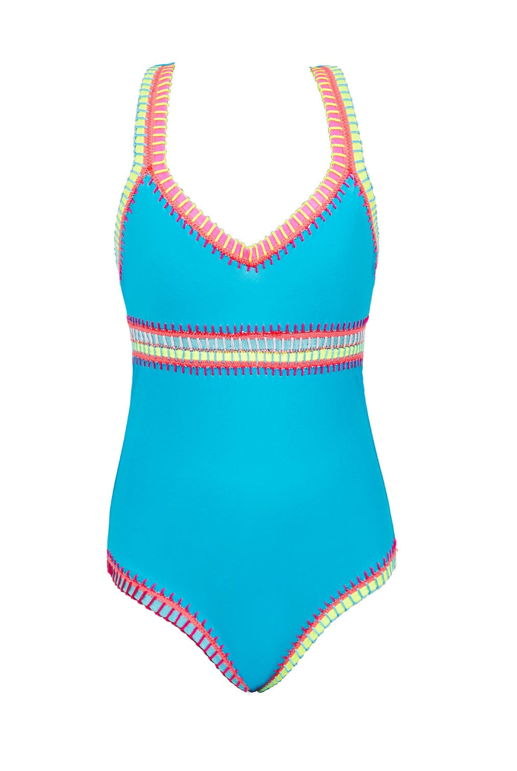 A turquoise one piece swimsuit with colorful embroidered trim against a white wall.