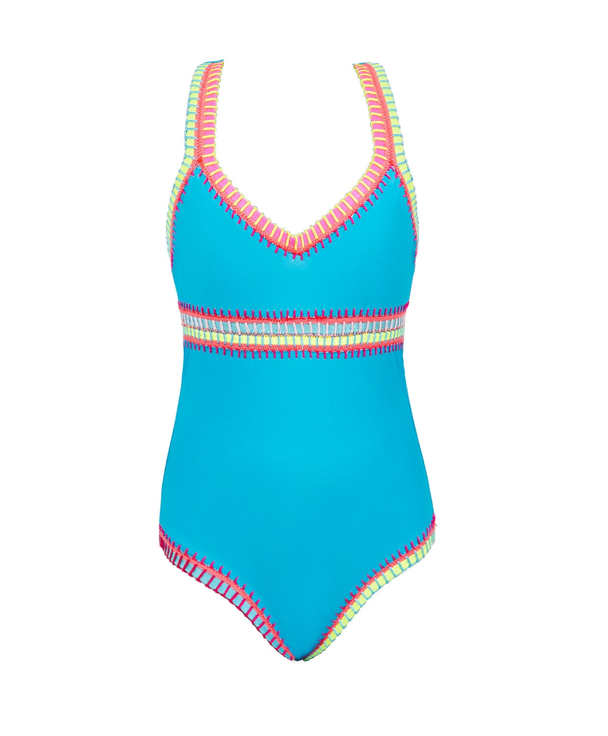 A turquoise one piece swimsuit with colorful embroidered trim against a white wall.