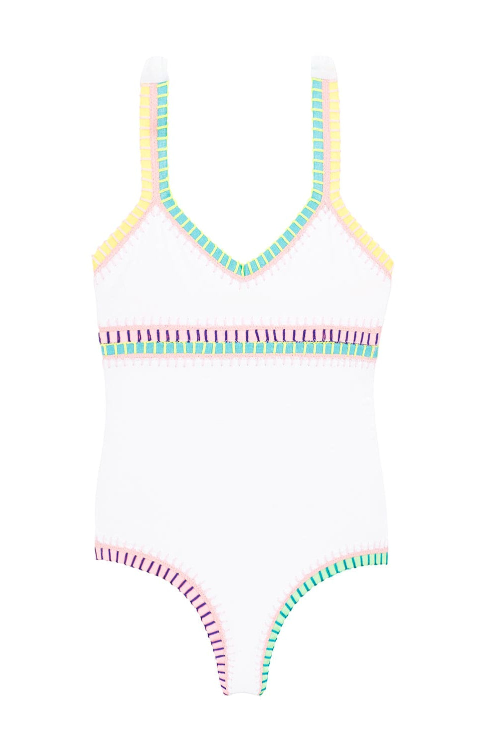 A white one piece swimsuit with colorful trim against a white wall.