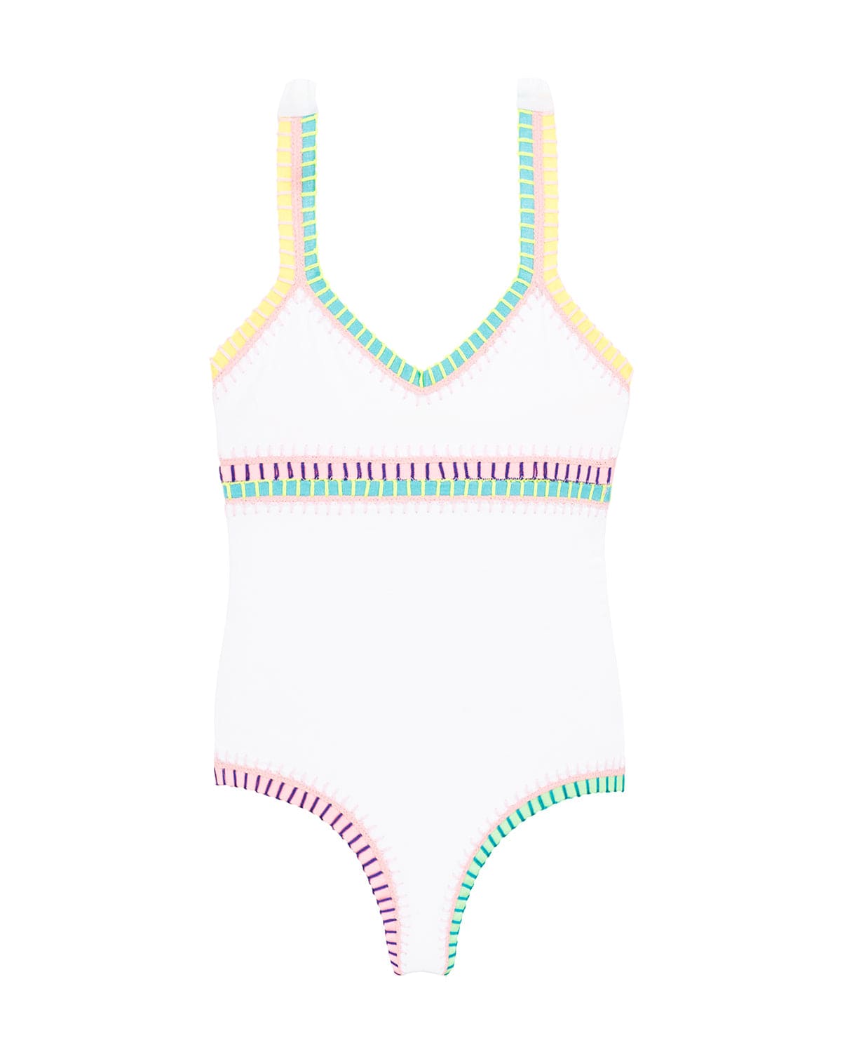A white one piece swimsuit with colorful trim against a white wall.