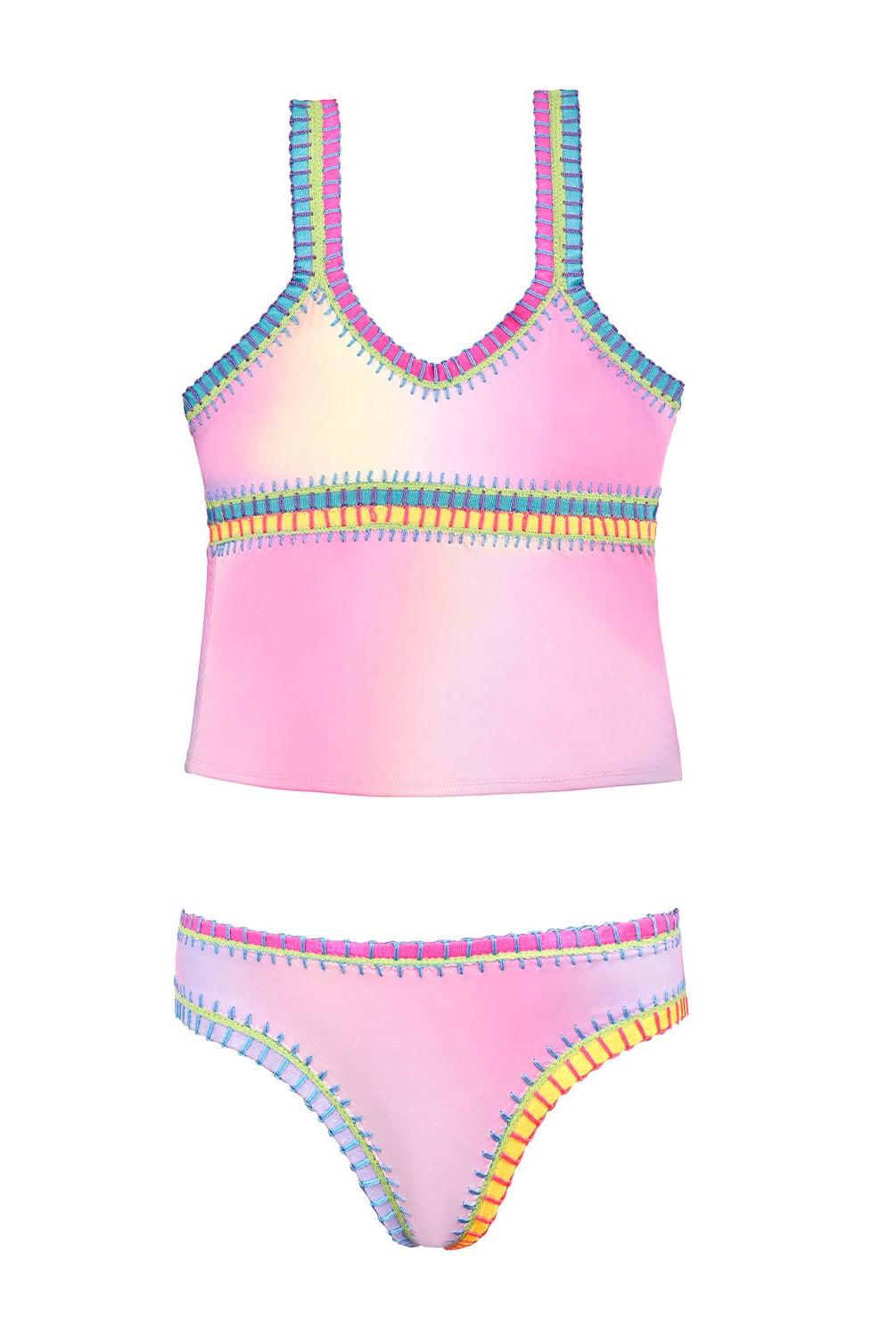 A pink kids tankini swimsuit with colorful embroidery against a white wall.