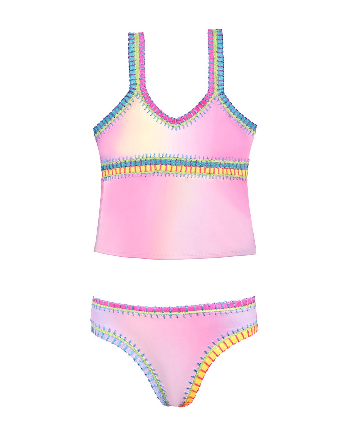 A pink kids tankini swimsuit with colorful embroidery against a white wall.