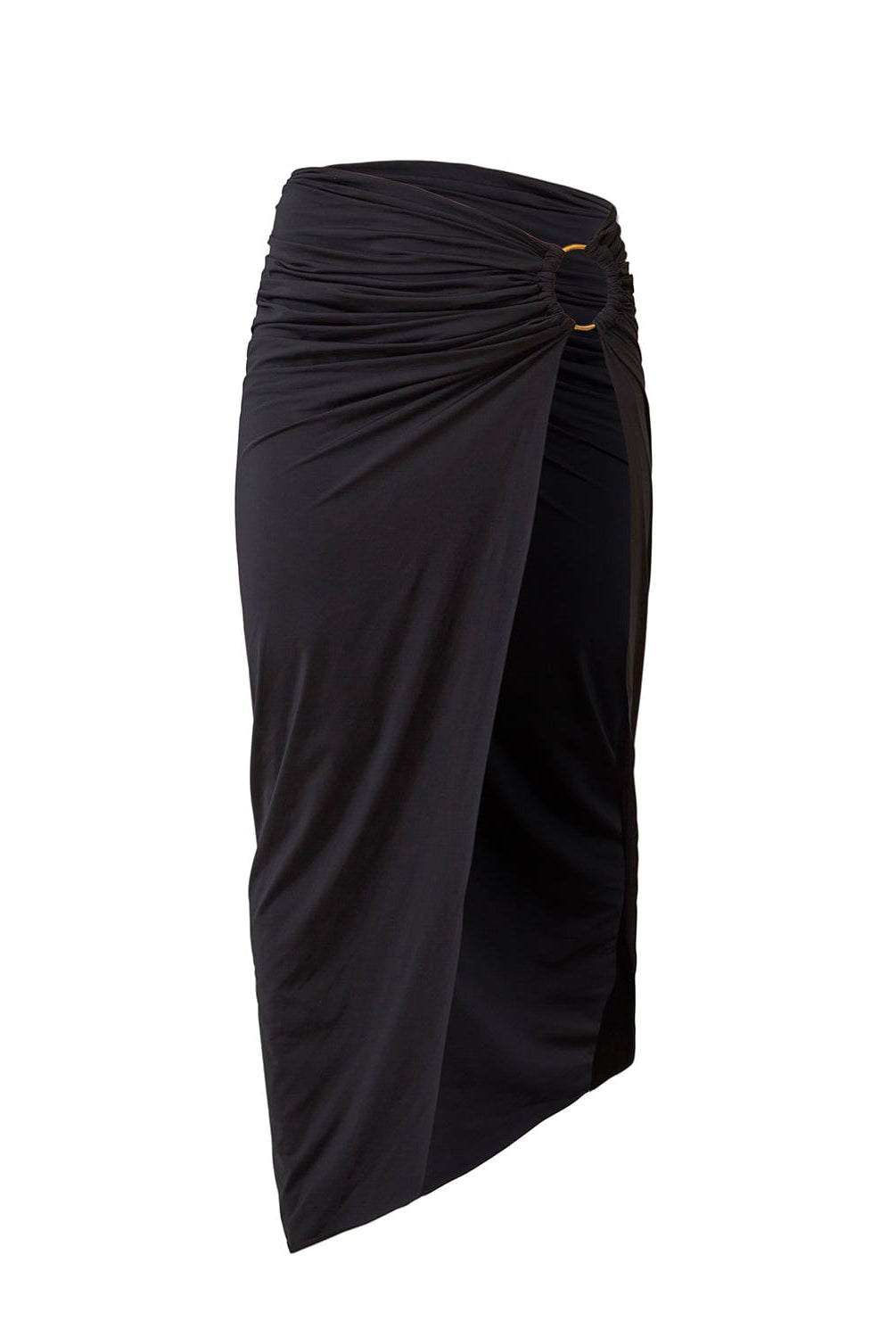 A black skirt coverup with ring detail. Featured against a white wall background.