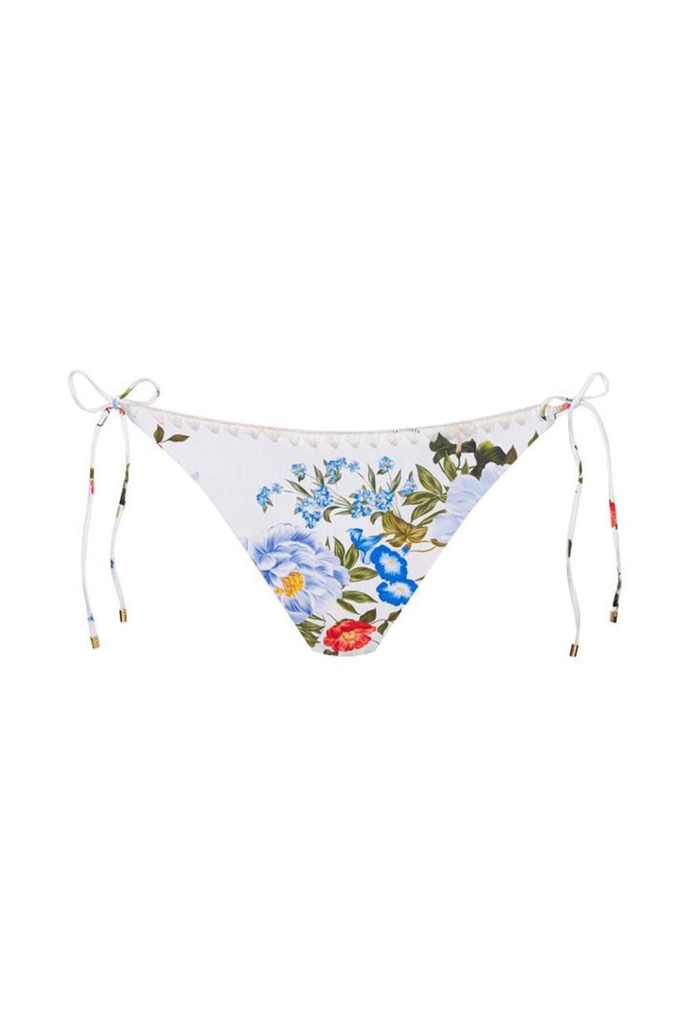 White string bikini bottom with a colorful floral print in blue, red, and green, featuring adjustable side strings with beads.