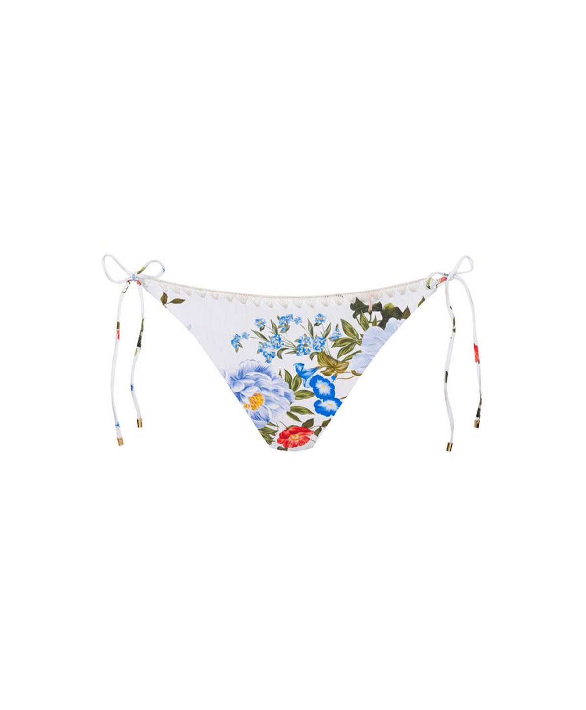 White string bikini bottom with a colorful floral print in blue, red, and green, featuring adjustable side strings with beads.