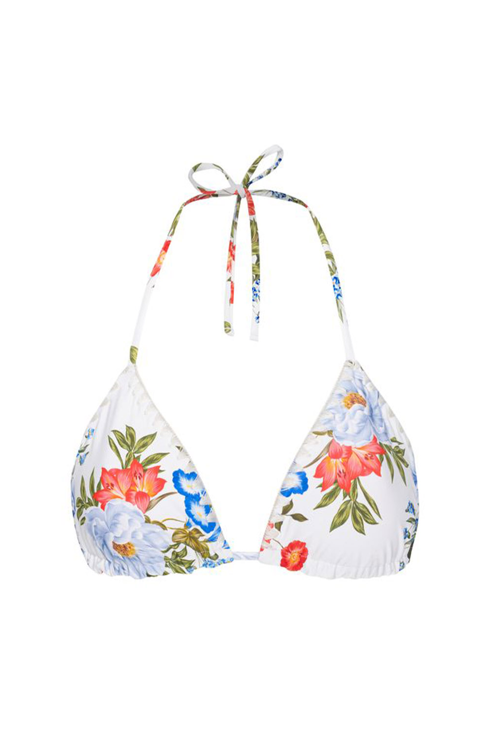A white halter triangle bikini top with a vibrant multicolor floral print, featuring red, blue, and green flowers with white halter ties.