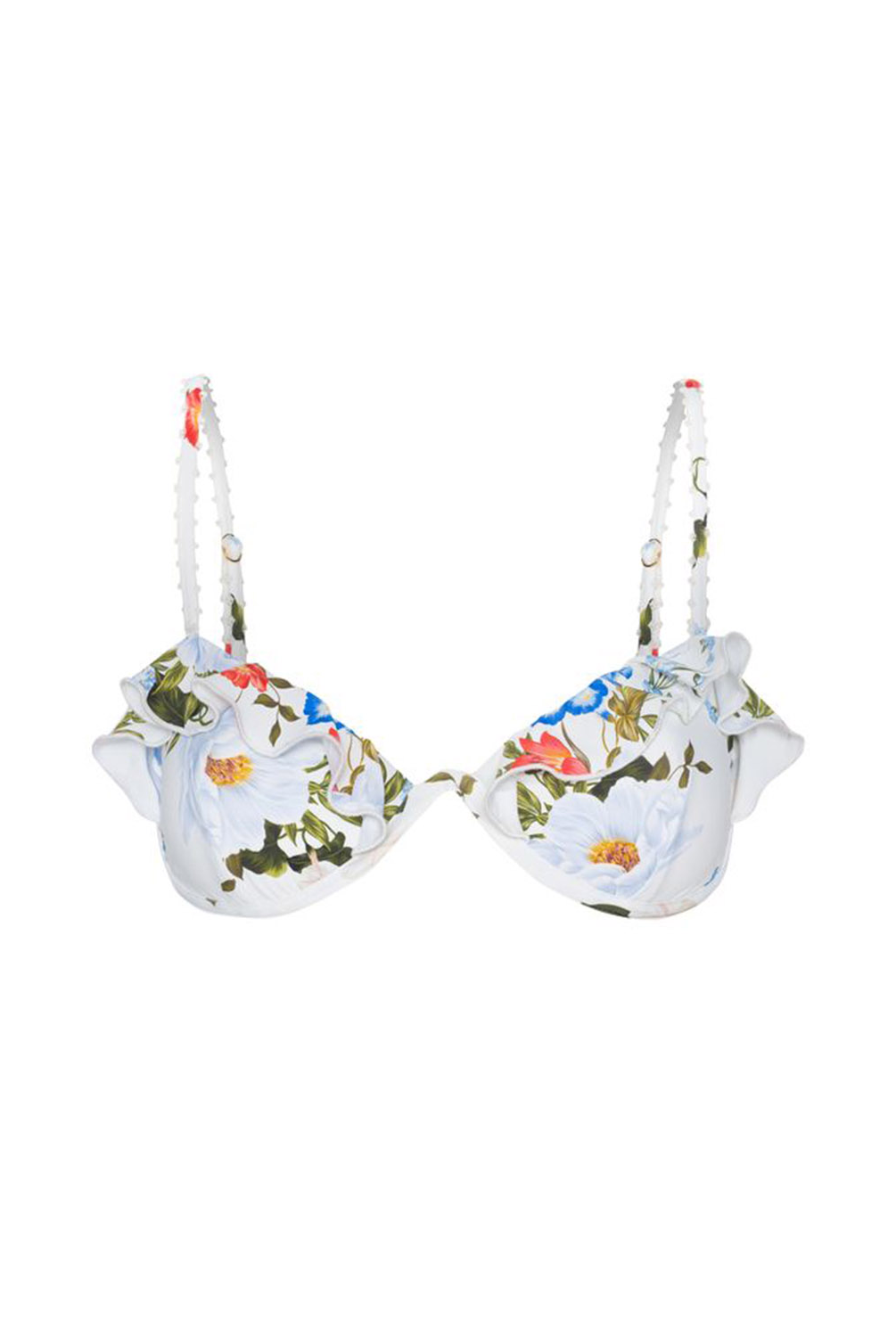 White ruffled bikini top with a colorful floral print, featuring white beaded straps, shown against a plain white background.