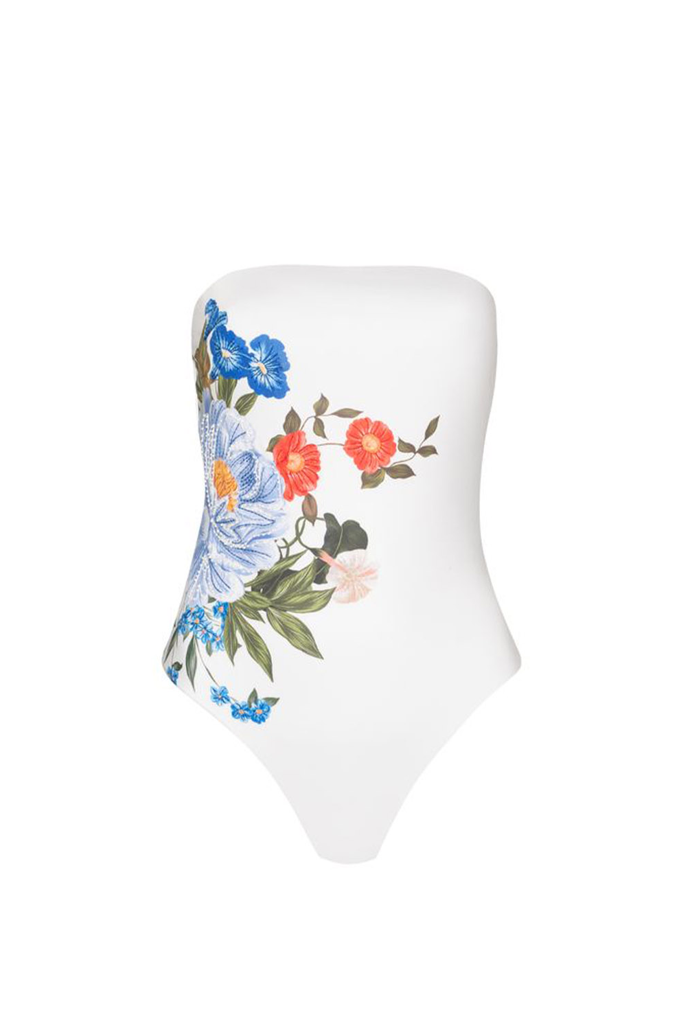 A white strapless one-piece swimsuit with a colorful floral print on the front, featuring blue, red, and pink flowers with green leaves, displayed on a white mannequin torso against a plain white background.