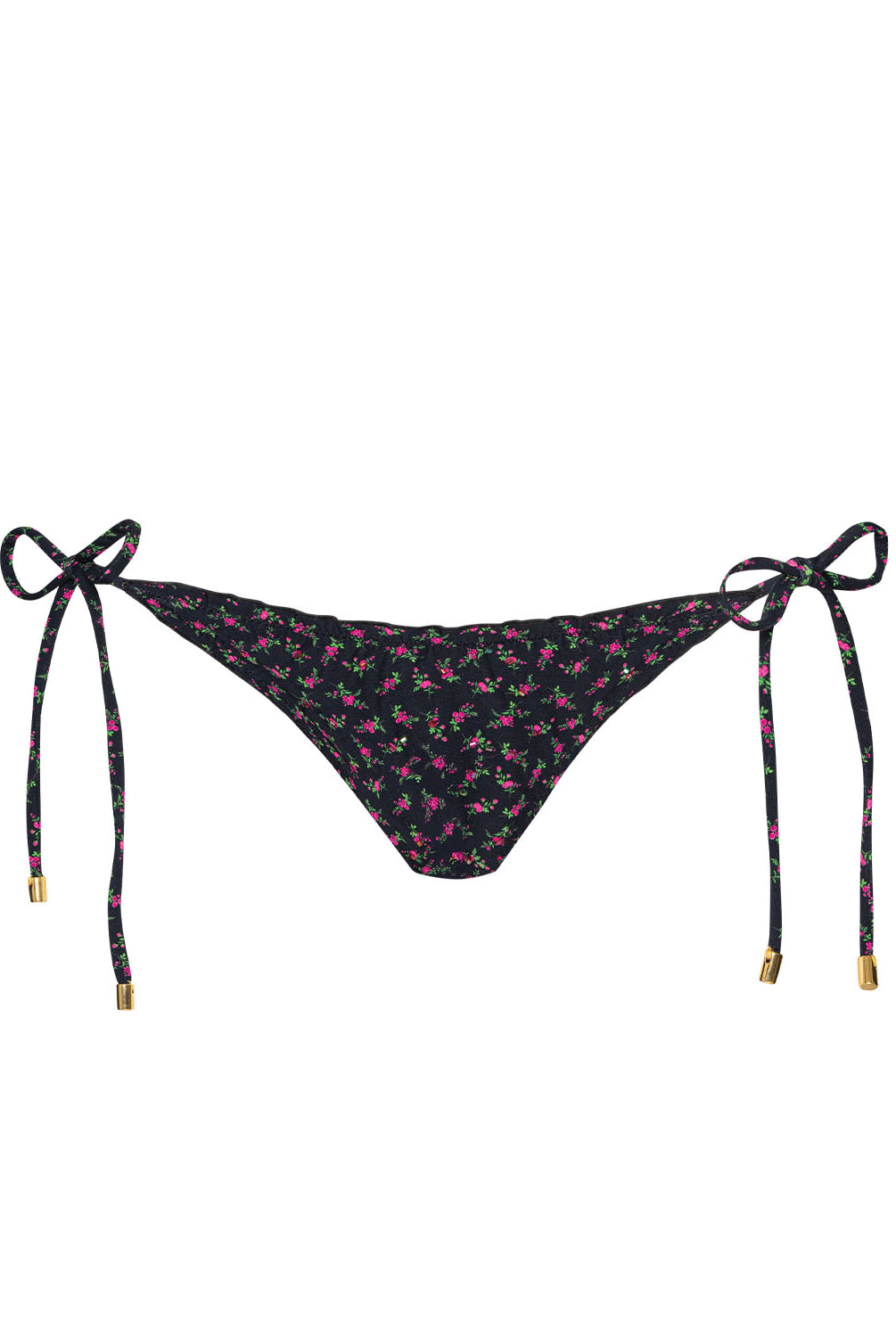 Black floral bikini bottom with tie sides on a white background