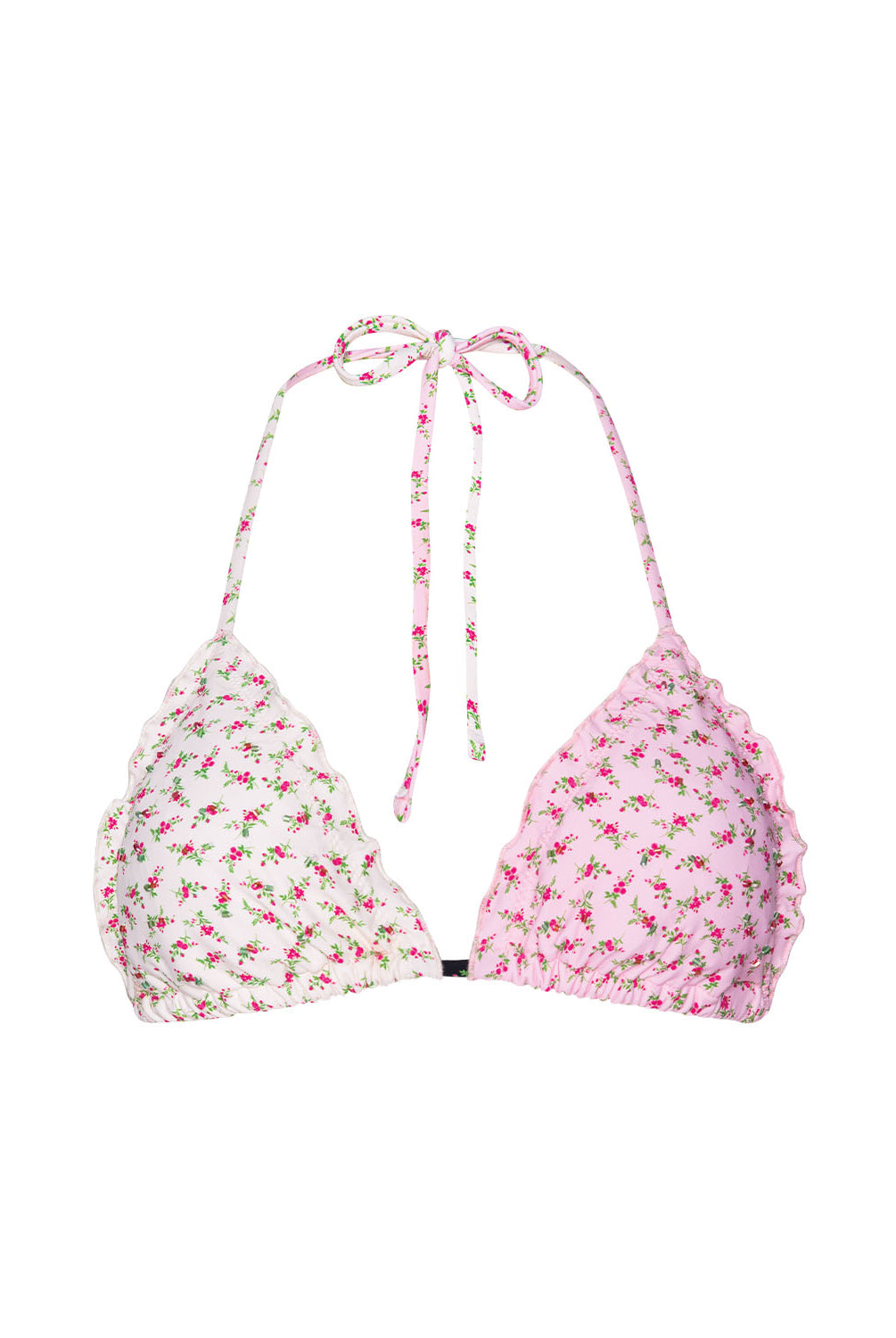 Floral patterned bikini top on a white background