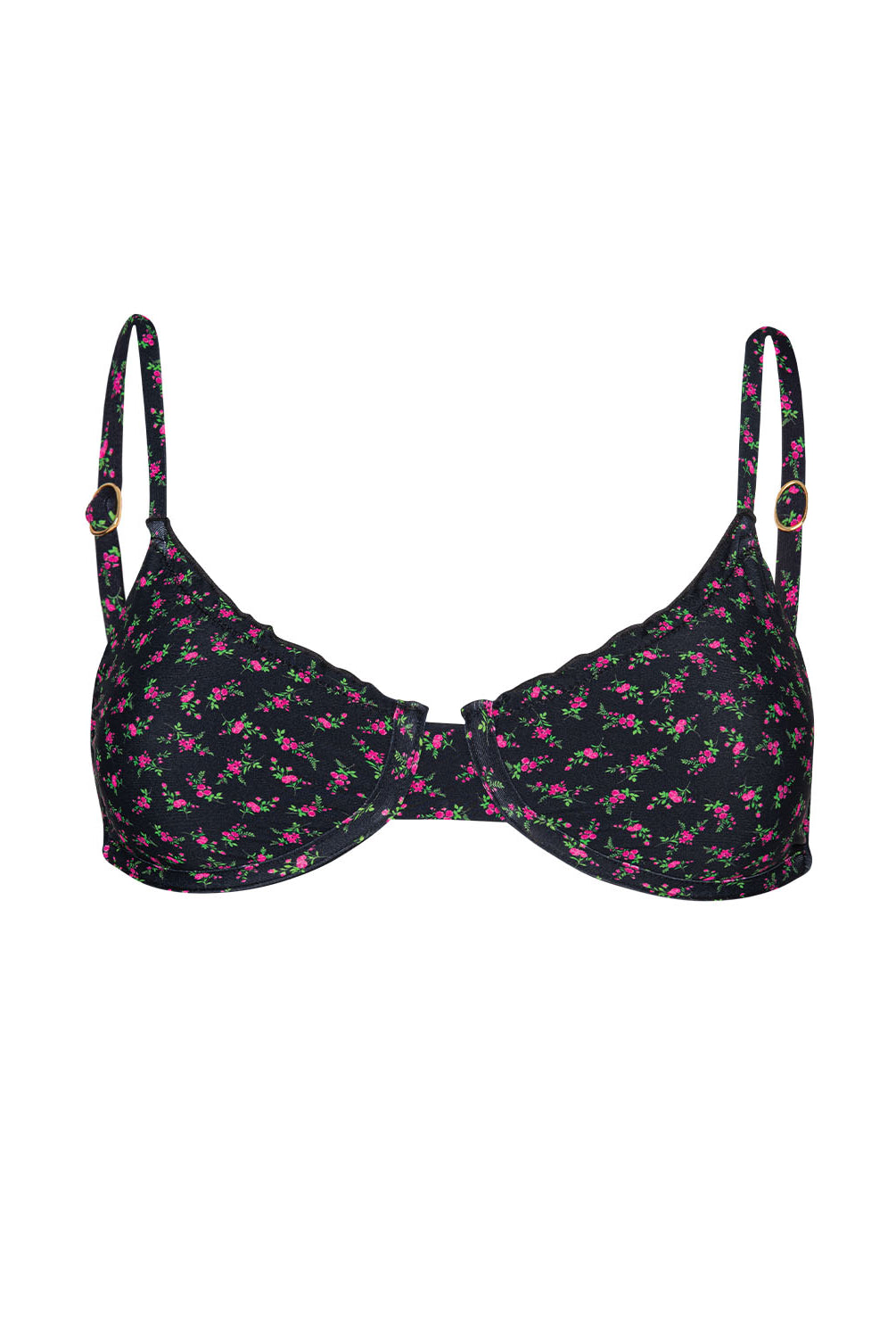 Black floral-patterned bikini top on a white background