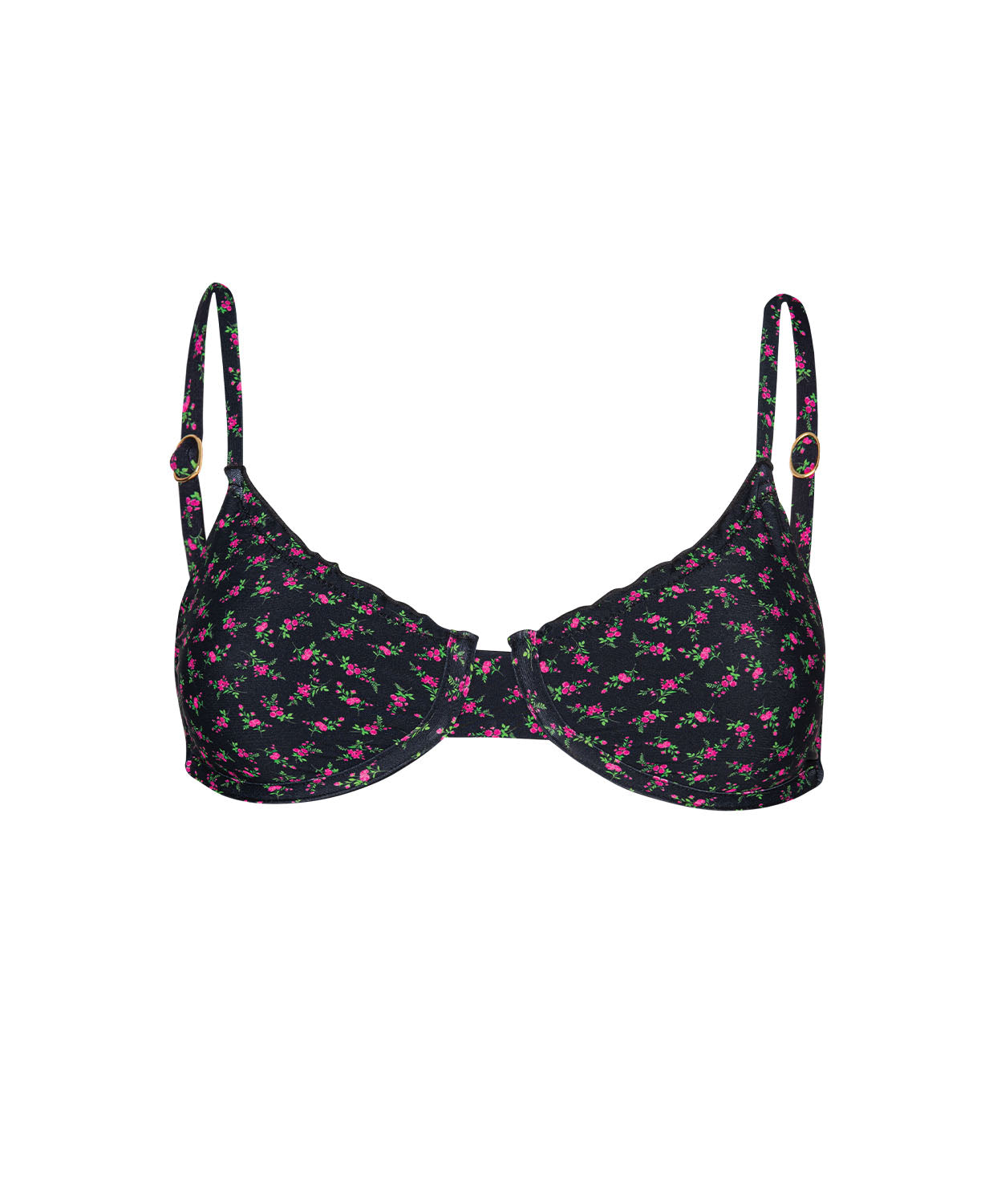 Black floral-patterned bikini top on a white background