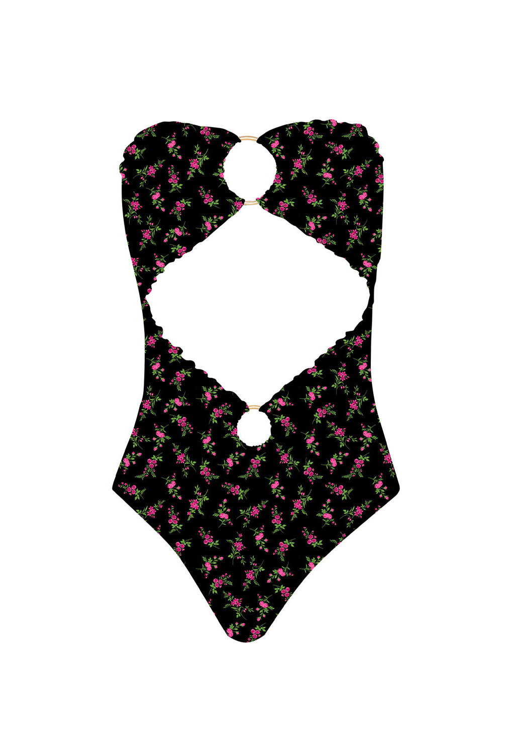 Black strapless swimsuit with floral pattern on a white background