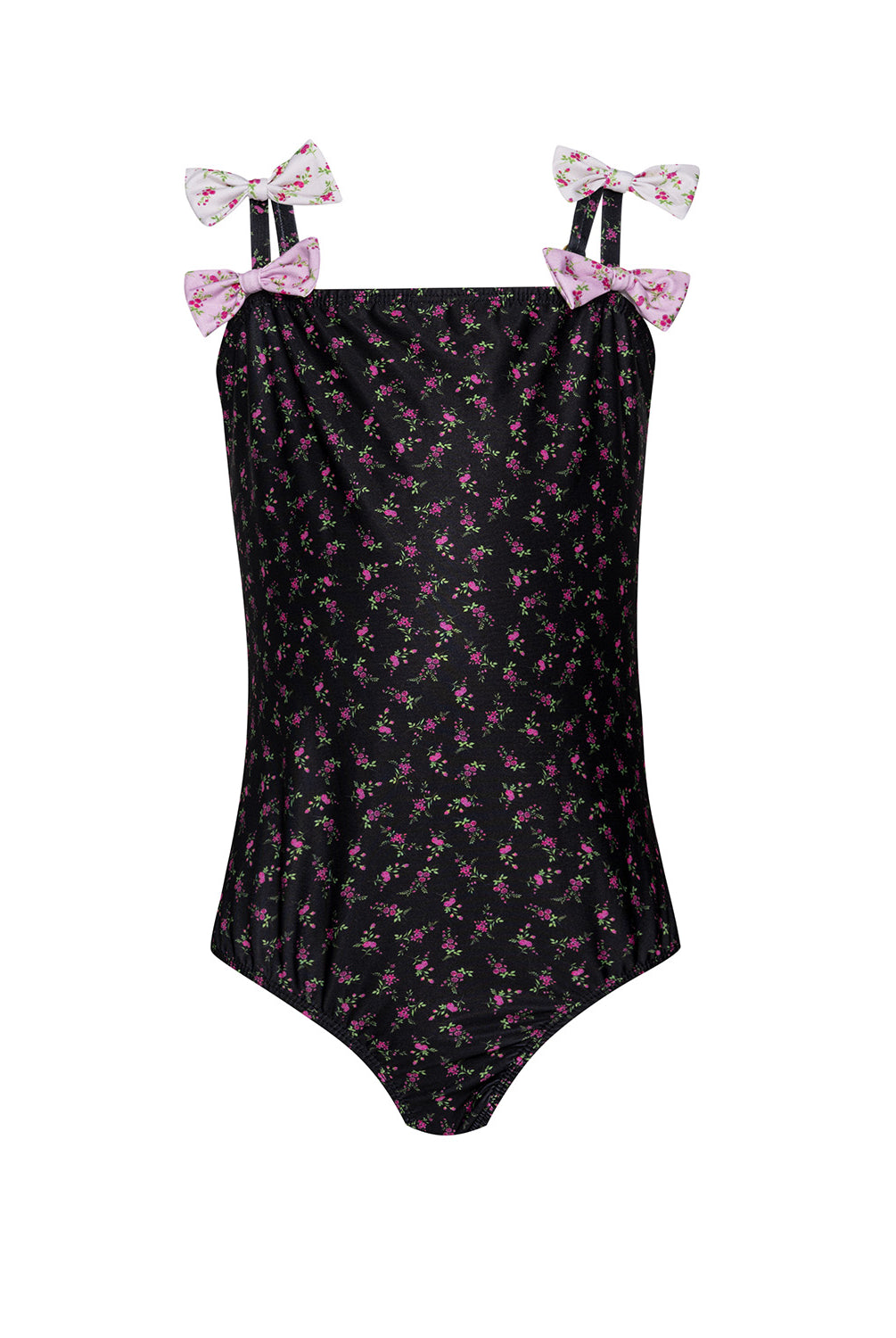 Black swimsuit with pink floral patterns and bow straps on a white background