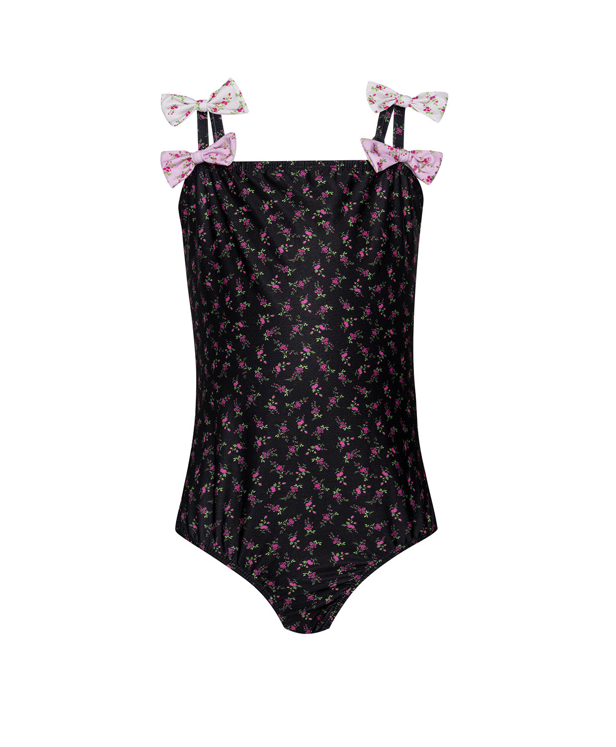 Black swimsuit with pink floral patterns and bow straps on a white background