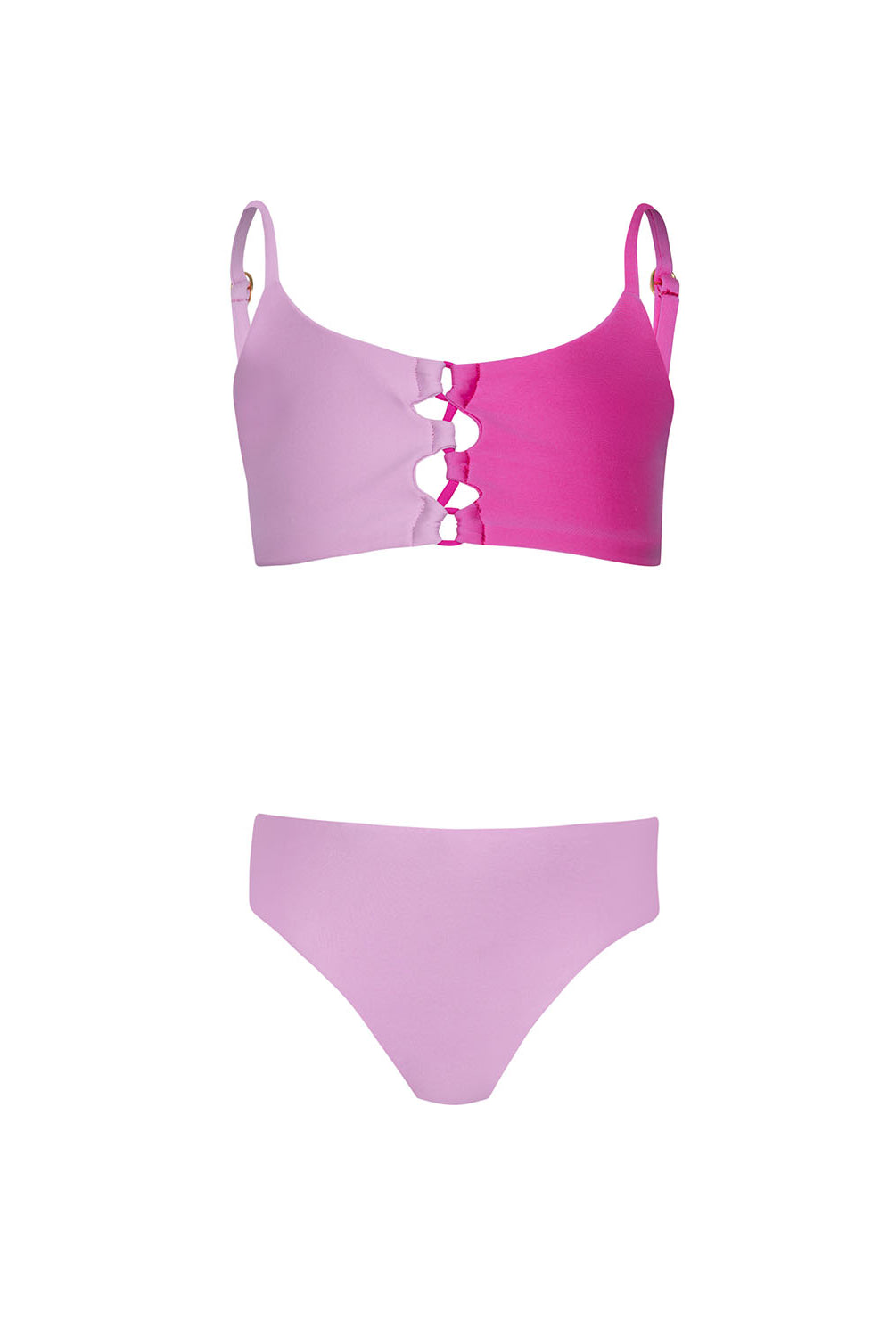Light and dark pink bikini set with cut-out design on a white background