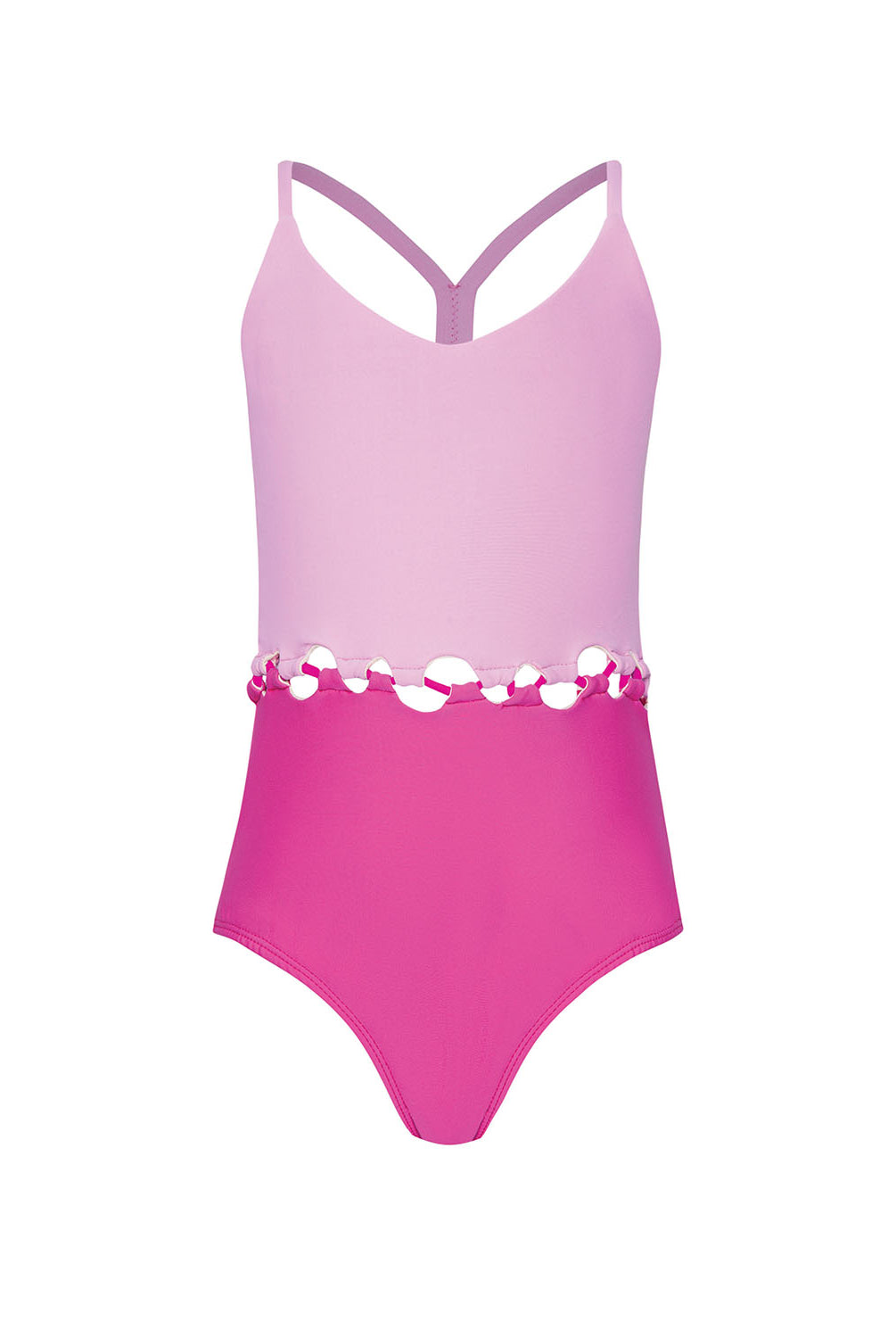 Light and dark pink one-piece swimsuit with cut out details on a white background