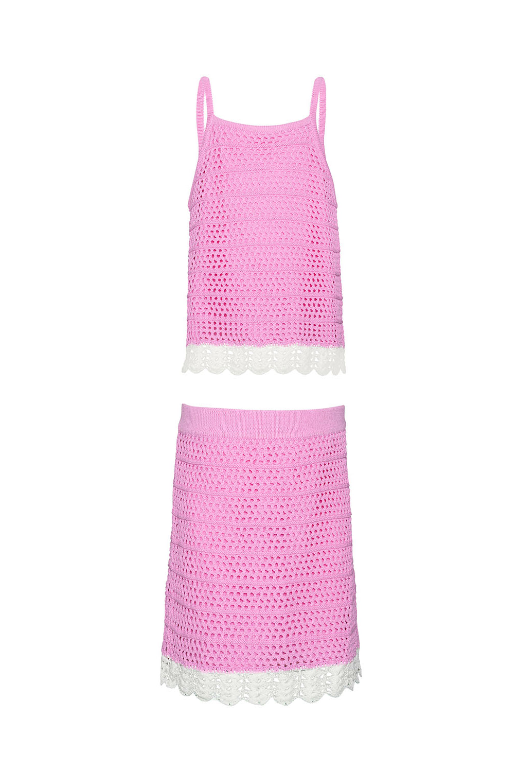 Pink crochet dress with white lace trim on a white background