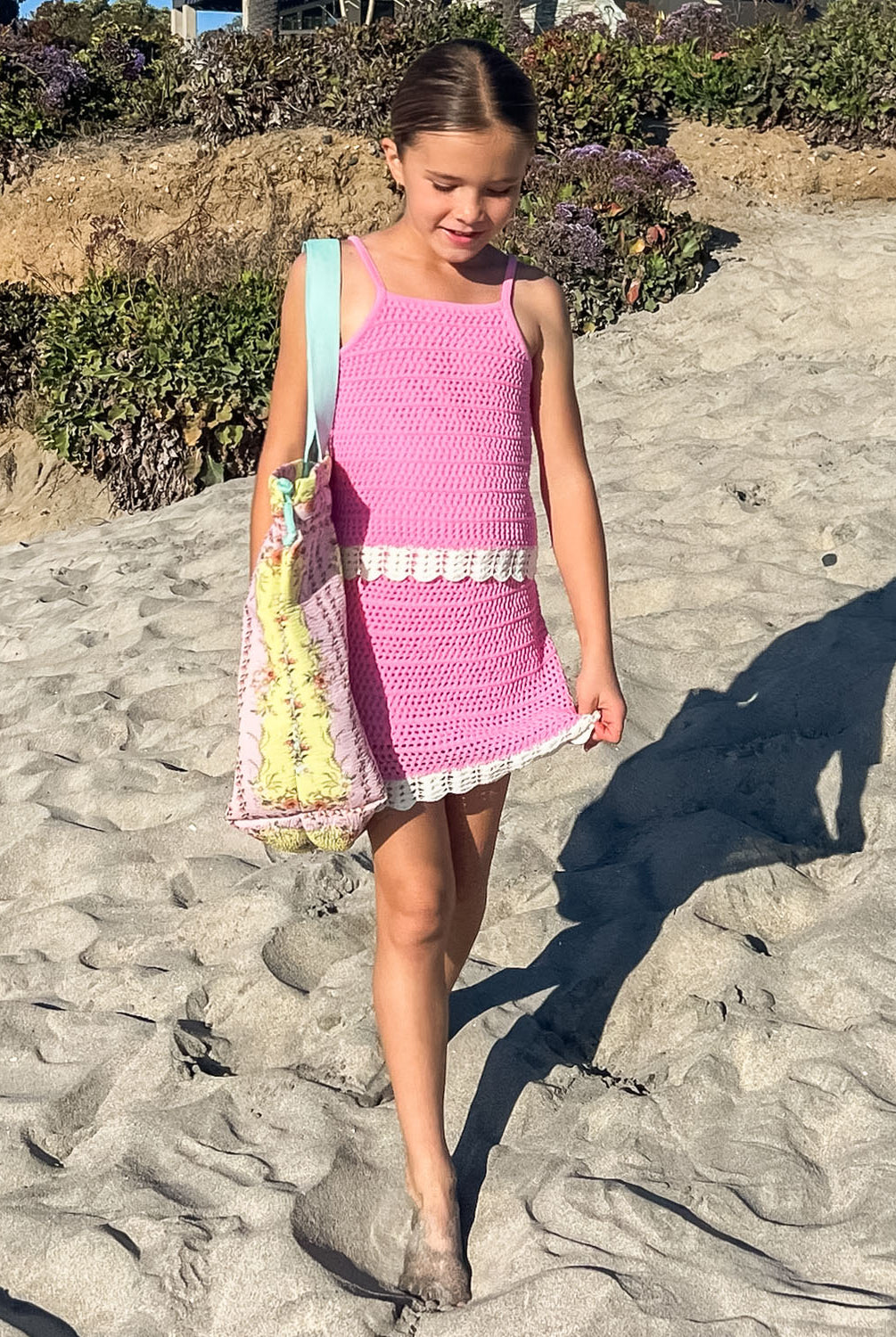Kids Rosy Kennedy Set – soft pink crochet outfit with white trim, perfect for sunny beach or poolside days.