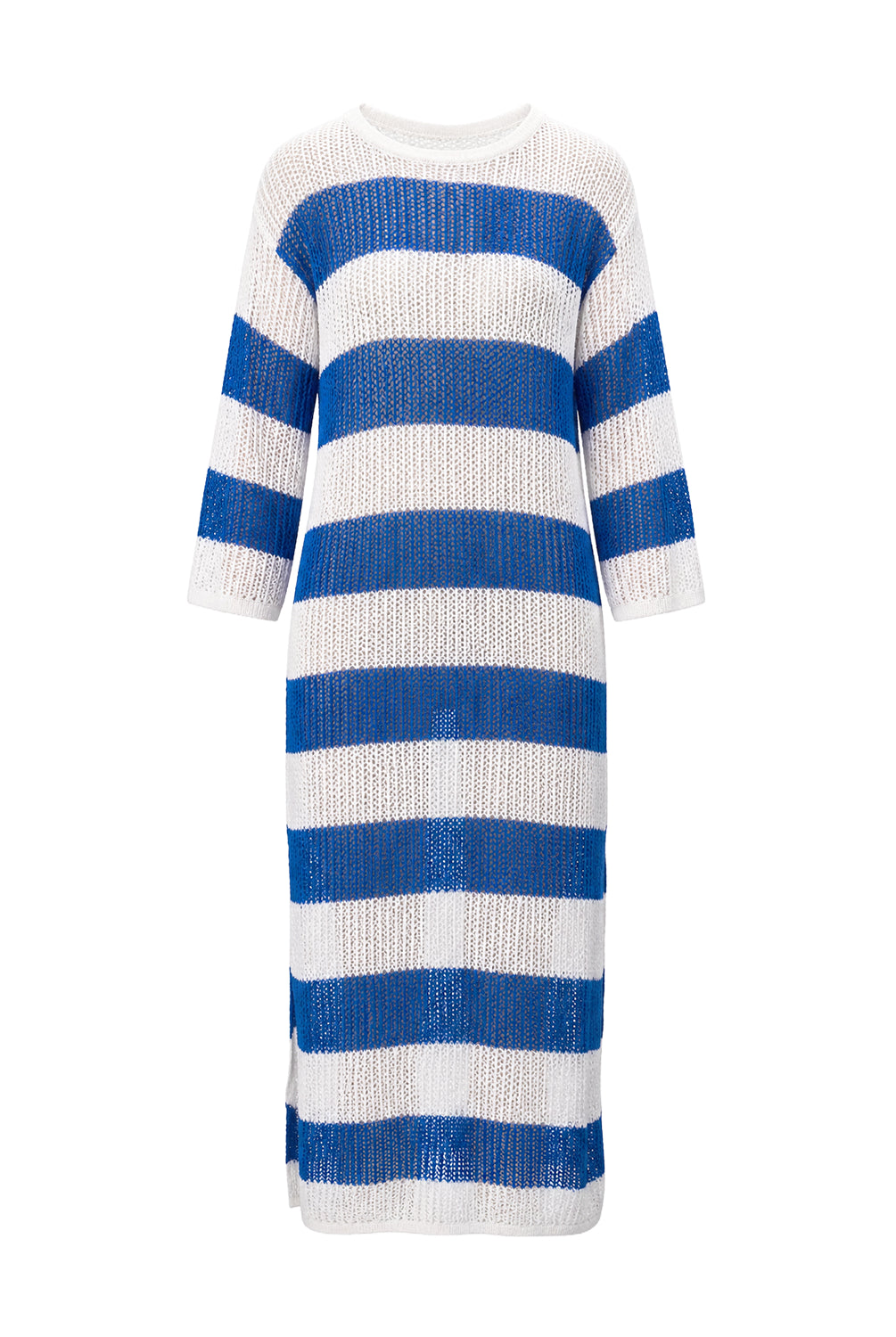 Blue and white striped dress on a white background