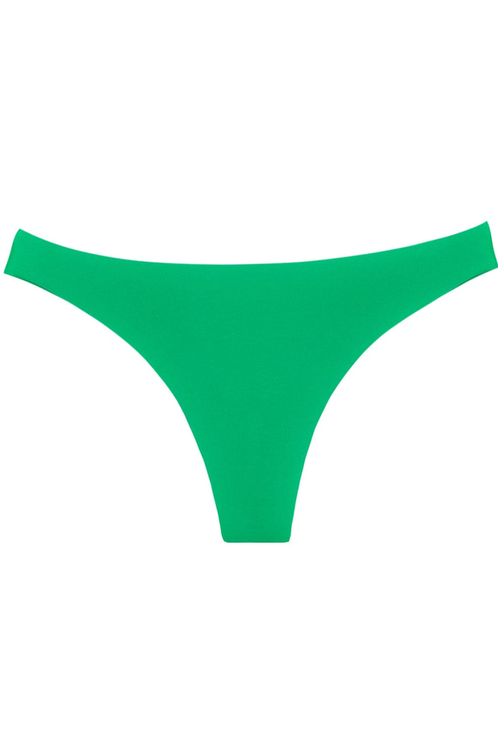 A green ruched bikini bottom. Featured against a white wall background.