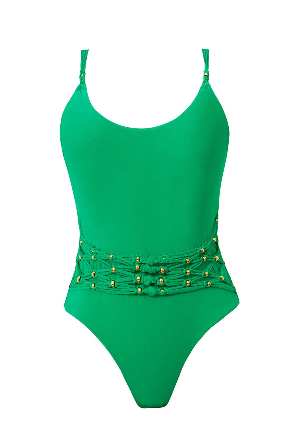 A green one piece swimsuit with gold beading. Featured against a white wall background.
