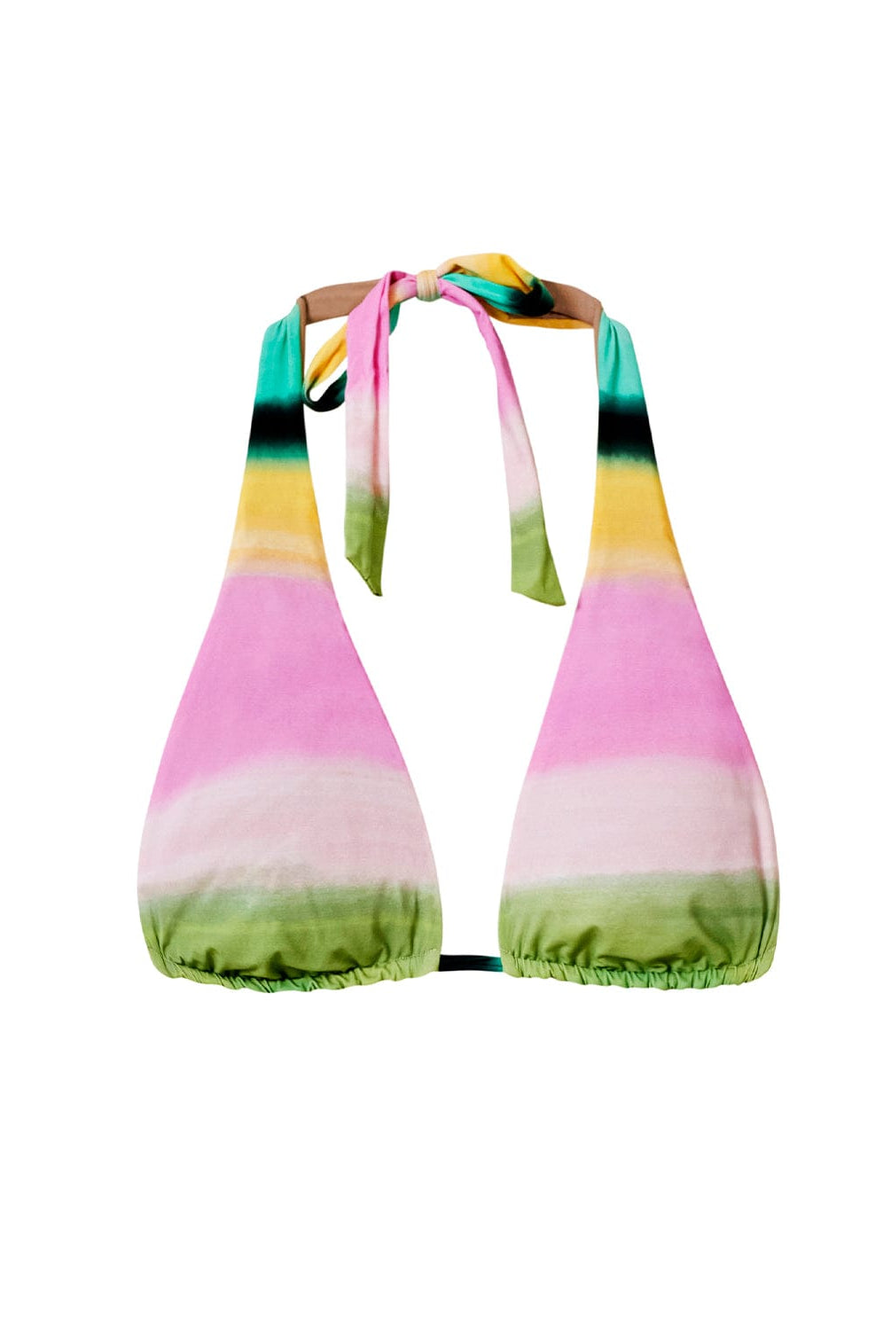 A multi-colored stripe print halter bikini top. Featured against a white wall background.