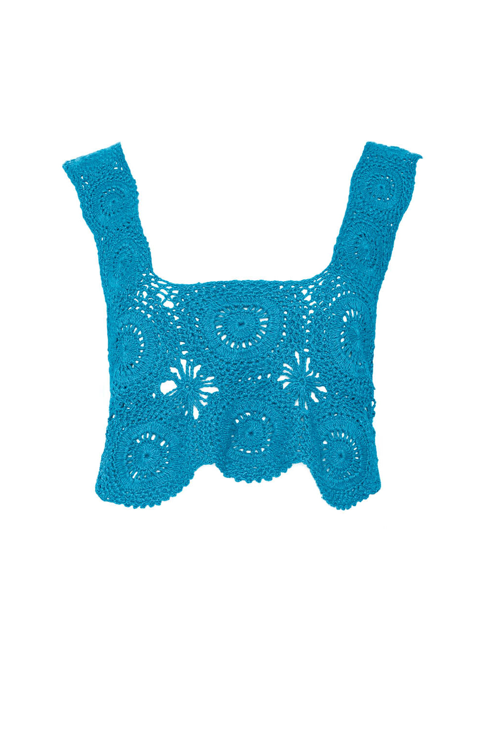 Blue crochet top on a white background