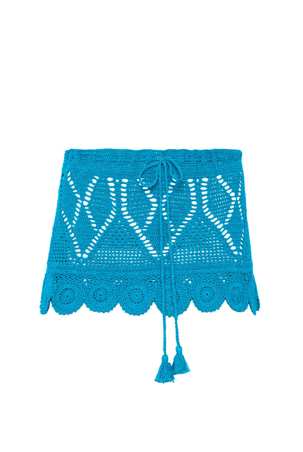 Blue crochet skirt with white patterns on a white background