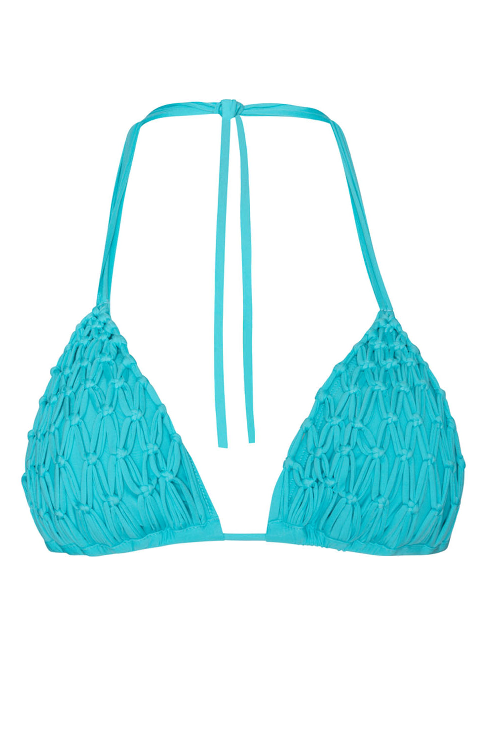 A turquoise triangle bikini top with macrame detailing against a white wall.