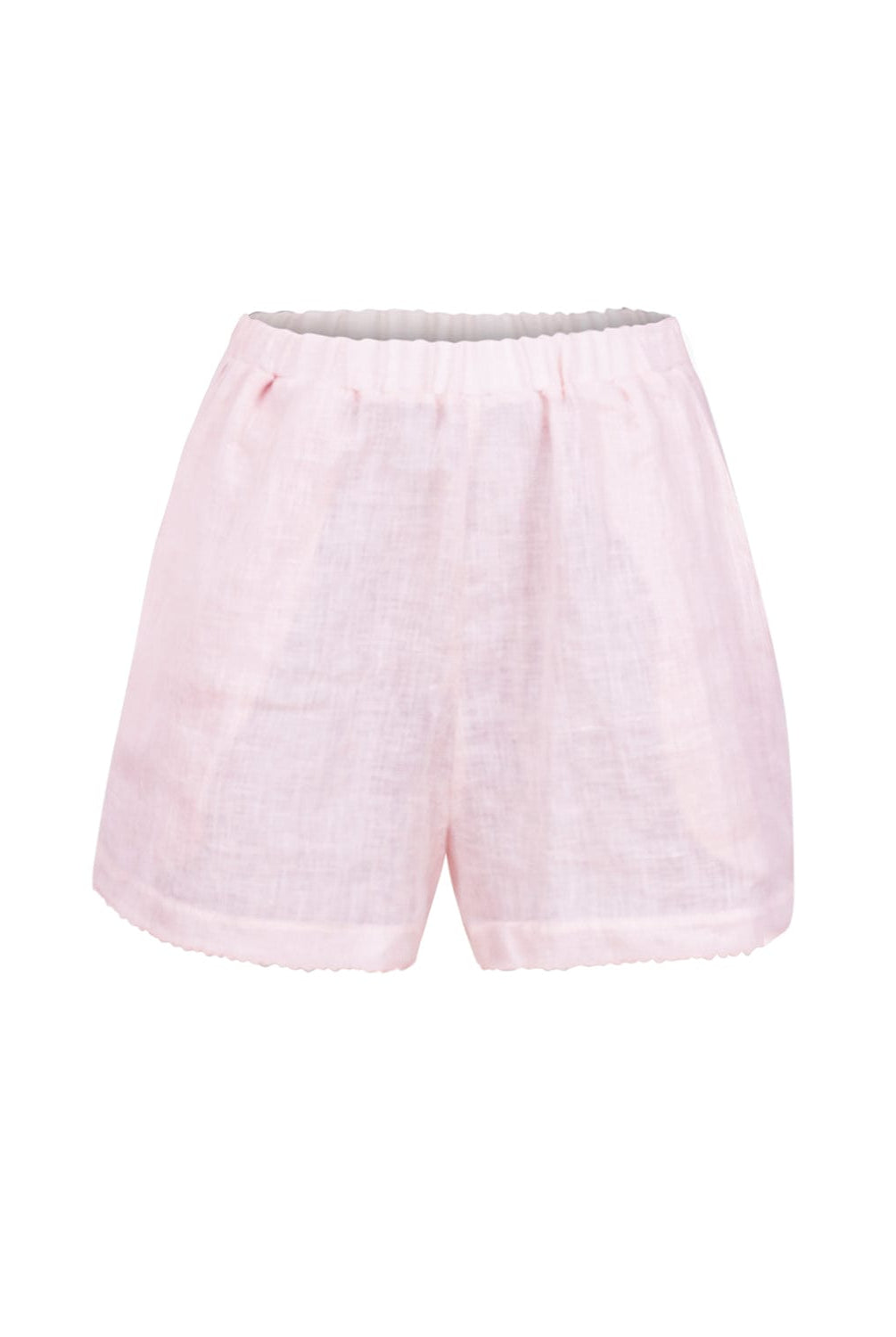 A pair of pink linen scalloped shorts. Featured against a white wall background.
