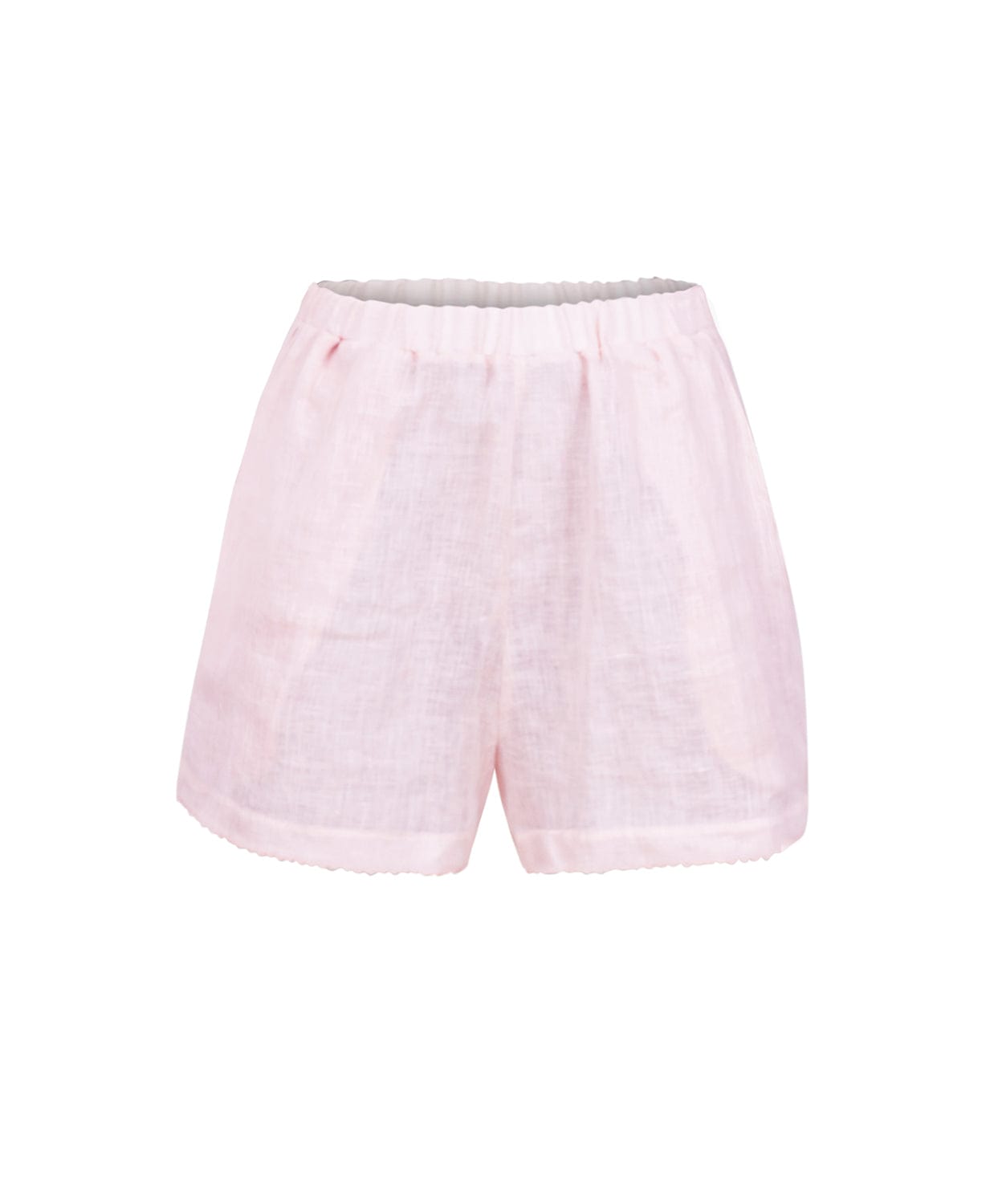 A pair of pink linen scalloped shorts. Featured against a white wall background.