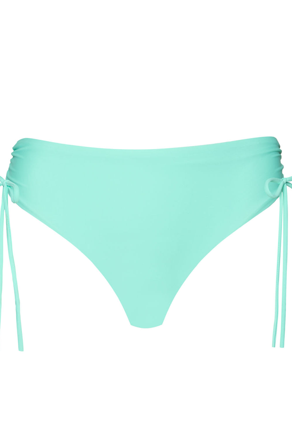 Teal bikini bottoms with side ties against a white wall.